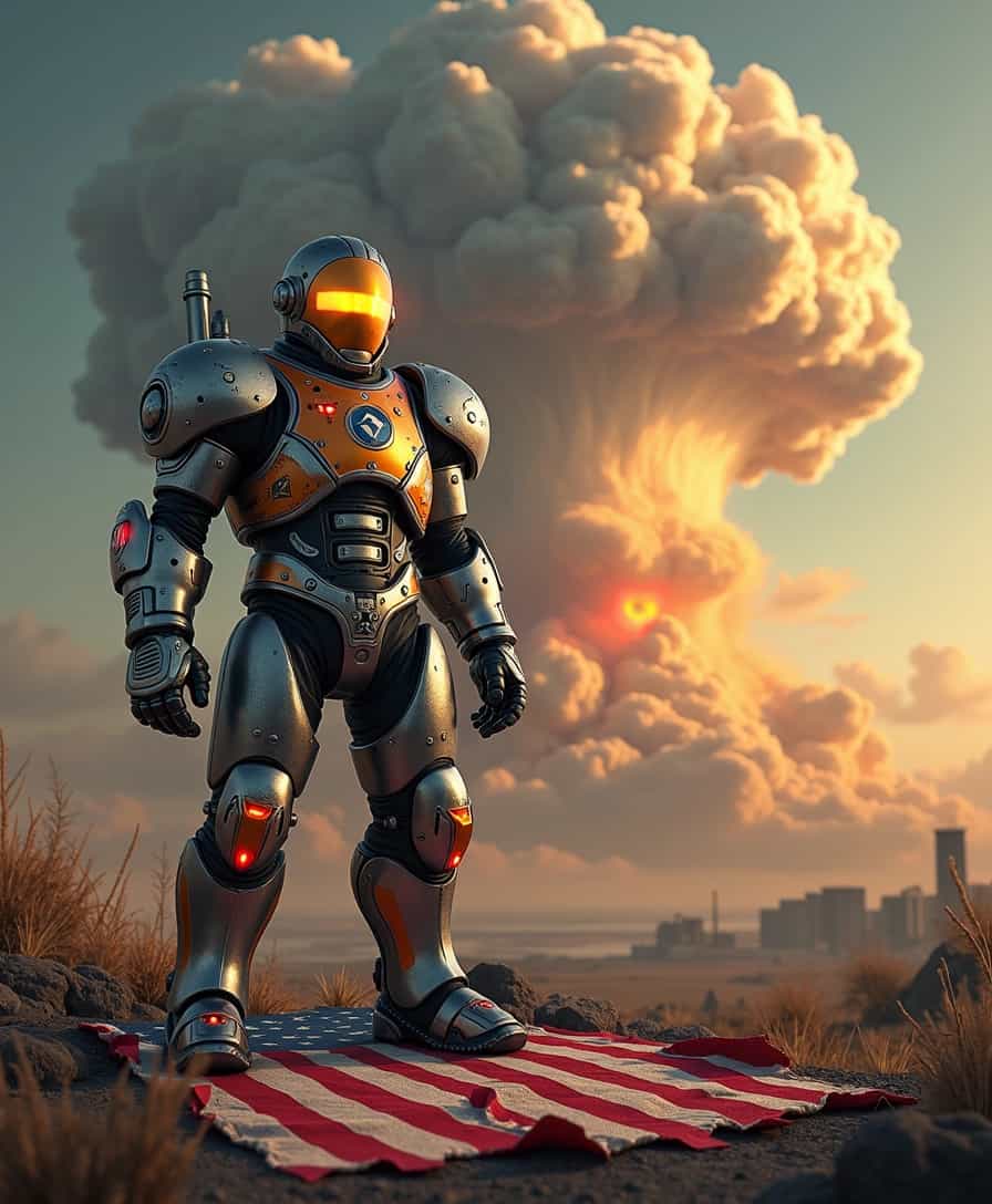 A striking atompunk power armor suit from Fallout stands proudly in the foreground, featuring retro-futuristic design elements such as sleek metallic curves, vibrant neon accents, and intricate mechanical details. The armor is adorned with symbols reminiscent of 1950s science fiction, incorporating contrasting colors of chrome and deep, saturated tones. In the background, a massive, swirling atomic bomb cloud billows ominously, its mushroom shape dramatically dominating the sky, tinged with shades of orange, red, and dark gray, casting a haunting glow over the scene. Below, a tattered, ripped United States flag lies on the ground, its frayed edges fluttering in the breeze, symbolizing a sense of loss and resilience. The overall composition conveys a powerful fusion of futuristic optimism and dystopian consequences, evoking a thought-provoking mood that teeters between hope and despair. The lighting is dynamic, highlighting the armor’s surface while creating stark shadows from the bomb cloud, enhancing the dramatic tension of the scene.