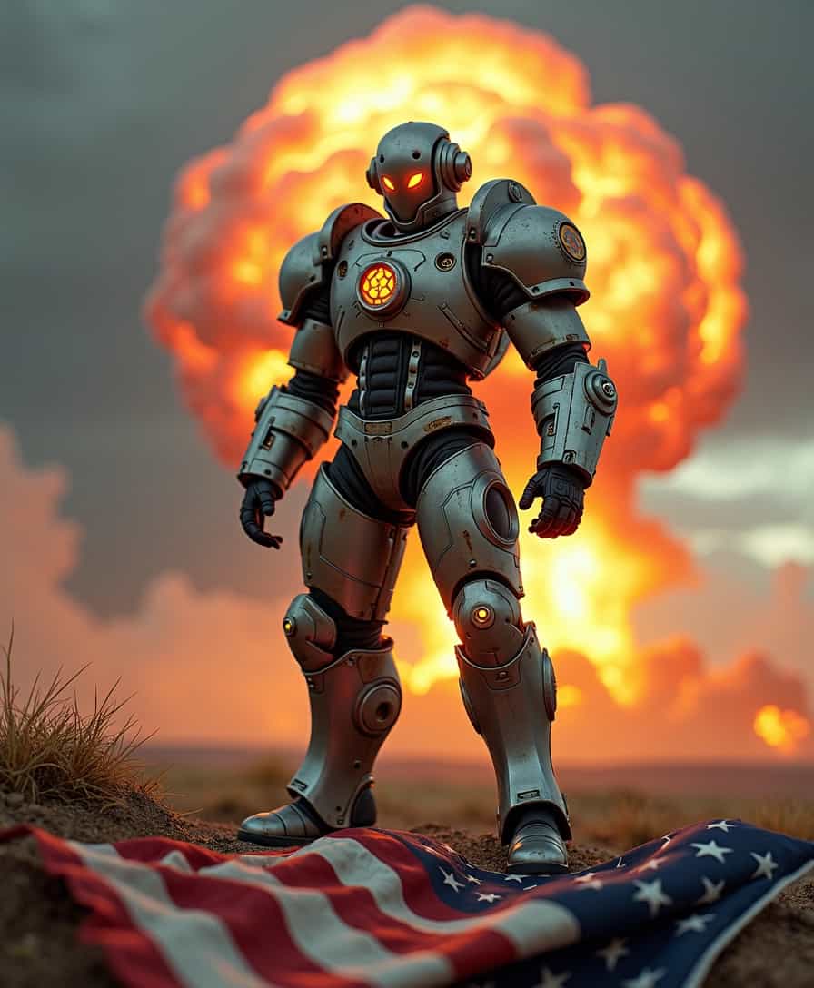 A striking atompunk power armor suit from Fallout stands proudly in the foreground, featuring retro-futuristic bulky and metallic, often featuring a rugged, industrial design, vibrant rusted accents, and intricate mechanical details. The armor is adorned with symbols reminiscent of 1950s science fiction, incorporating contrasting colors of chrome and deep, saturated tones. In the background, a massive, swirling fiery atomic bomb cloud billows ominously, its mushroom shape dramatically dominating the sky, tinged with shades of orange, red, and dark gray, casting a haunting glow over the scene. Below, a tattered, ripped United States flag lies on the ground, its frayed edges fluttering in the breeze, symbolizing a sense of loss and resilience. The overall composition conveys a powerful fusion of futuristic optimism and dystopian consequences, evoking a thought-provoking mood that teeters between hope and despair. The lighting is dynamic, highlighting the armor’s surface while creating stark shadows from the bomb cloud, enhancing the dramatic tension of the scene.