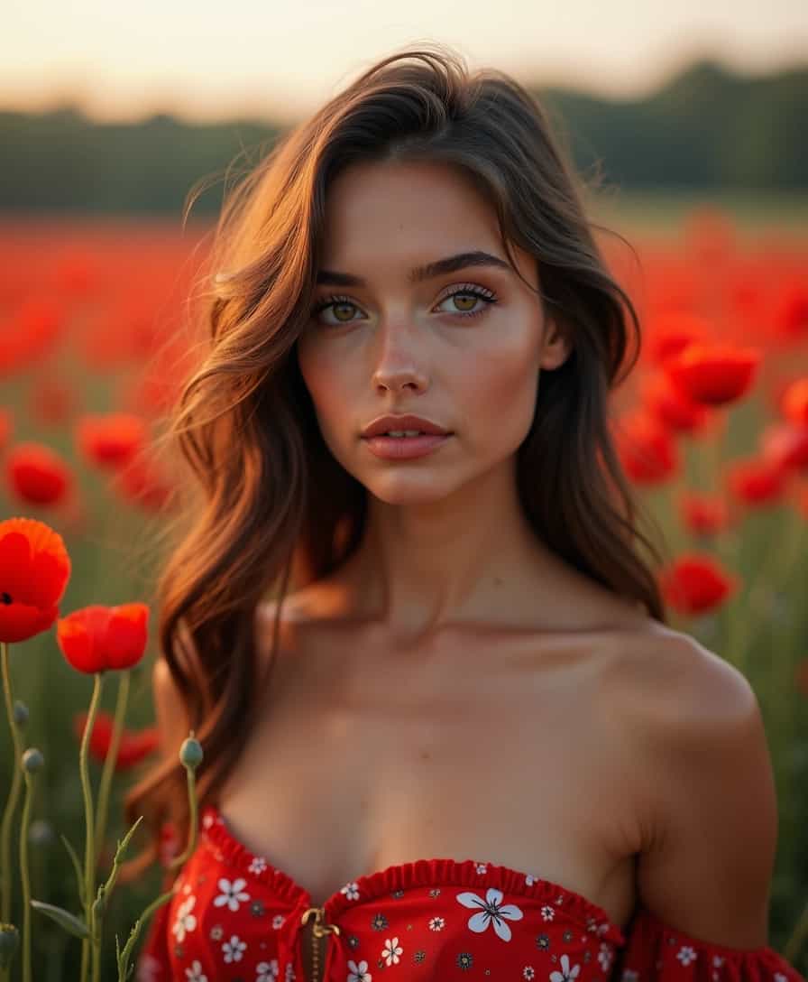 a beautiful young woman in a field of red poppies with flowers in her, beautiful model girl, in a field of flowers, beautiful sexy woman photo, beautiful alluring women, slow neckline, strapless skin dress, in a field with flowers, girl frontal in a flower field, stunning woman, beautiful young woman, pink golden hour, beautiful young girl, beautiful girl, beautiful portrait image, beautiful female model, beauty woman, girl in flowers, feminine beautiful face, beautiful girl model, stunning photoshoot, sensual woman, gorgeous beautiful woman