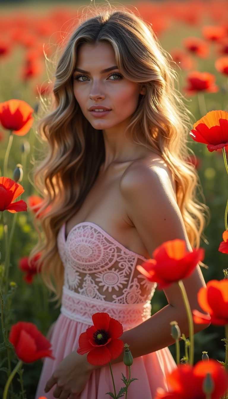 a full body beautiful young woman in a field of red poppies with flowers in her, beautiful model girl, in a field of flowers, beautiful sexy woman photo, beautiful alluring women, low neckline, strapless translucent lace dress, in a field with flowers, girl frontal in a flower field, stunning woman, beautiful young woman, pink golden hour, beautiful young girl, beautiful girl, beautiful portrait image, beautiful female model, beauty woman, girl in flowers, feminine beautiful face, beautiful girl model, stunning photoshoot, sensual woman, gorgeous beautiful woman
