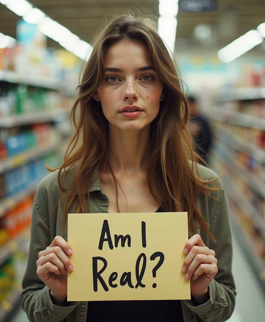 unprofessional photo taken in haste with a disposable camera of a plain casual woman with an unremarkable face with a few small blemishes and a few pimples with a straightforward simple appearance in a supermarket with her long messy hair Style: Documentary Photography 07 View: Dynamic shot, holding a sign "Am I Real?"