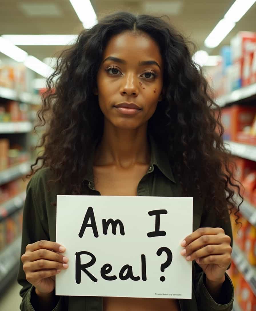unprofessional photo taken in haste with a disposable camera of a plain casual african american woman with an unremarkable face with a few small blemishes and a few pimples with a straightforward simple appearance in a supermarket with her long messy hair Style: Documentary Photography 07 View: Dynamic shot, holding a sign "Am I Real?"
