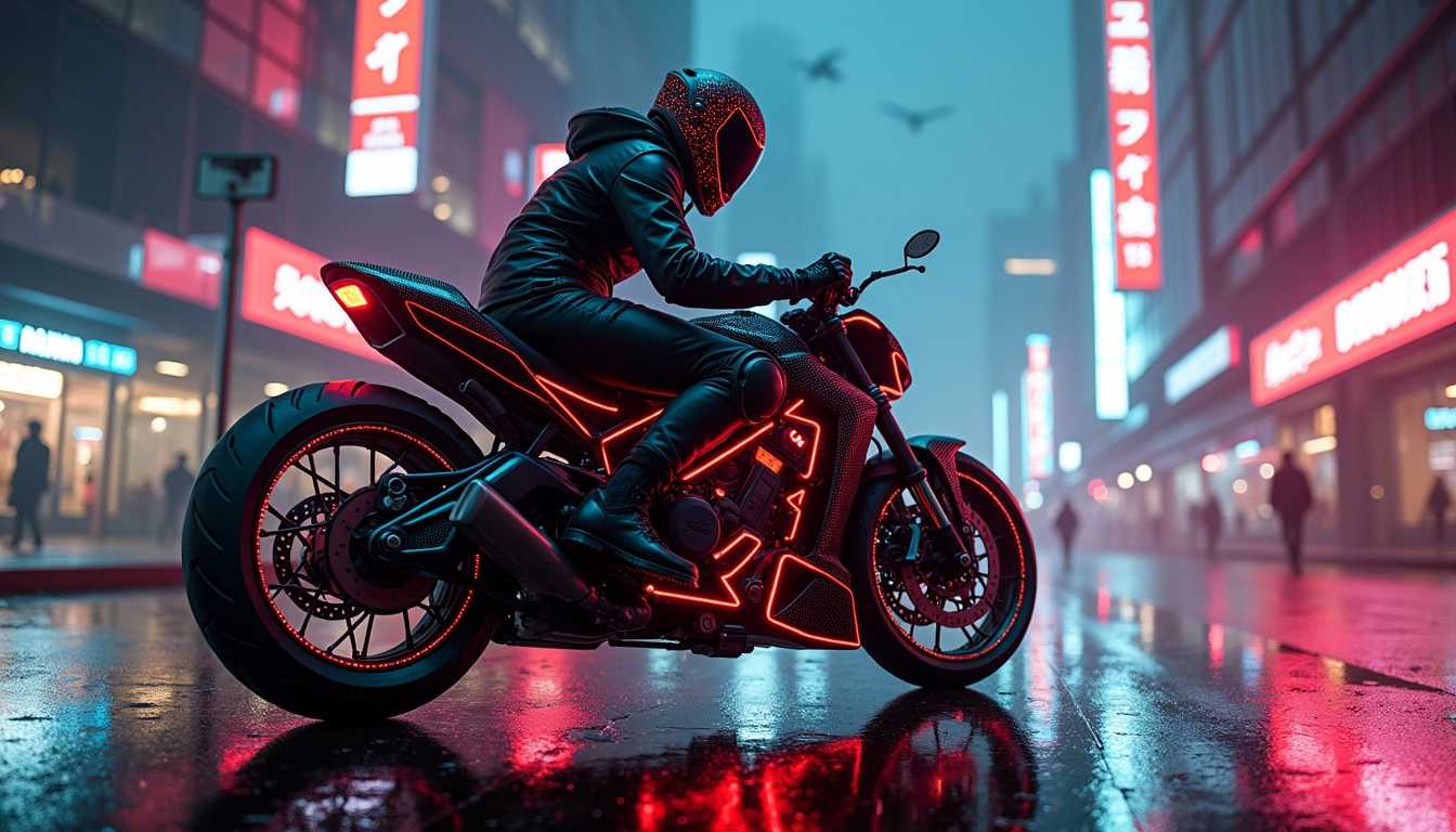 Une moto futuriste aux lignes épurées, arborant une teinte éclatante de rouge et de noir, est mise en scène dans un paysage urbain de style cyberpunk. Le motard, vêtu d'une combinaison sleek et techno, coïncide parfaitement avec les couleurs vibrantes de la moto. Le fond présente une ville nocturne animée, avec des néons brillants et des hologrammes flottants illuminant les rues sombres. Les bâtiments en verre et en métal se dressent tels des géants, reflétant des lumières fluorescentes dans un ciel nuageux. La scène dégage une ambiance dynamique et futuriste, accentuée par des éléments comme des drones survolant la scène et des passants habillés de manière avant-gardiste. L'image évoque un sentiment d'énergie et de mouvement, capturant l'esprit du futur mêlé à une touche de mystère.