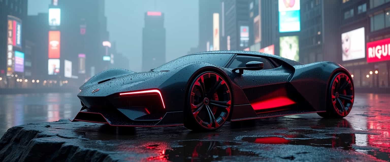 A sleek, futuristic sports car with a glossy black exterior and vibrant red accents, parked on a rocky outcrop. The background features a bustling neon-lit cityscape shrouded in mist, with towering skyscrapers and glowing billboards showcasing bright advertisements. The scene is illuminated by soft, diffused lighting, creating a moody atmosphere, with raindrops glistening on the car's surface, emphasizing its modern design and aerodynamic curves. Ultra-realistic rendering, cinematic quality, high definition.