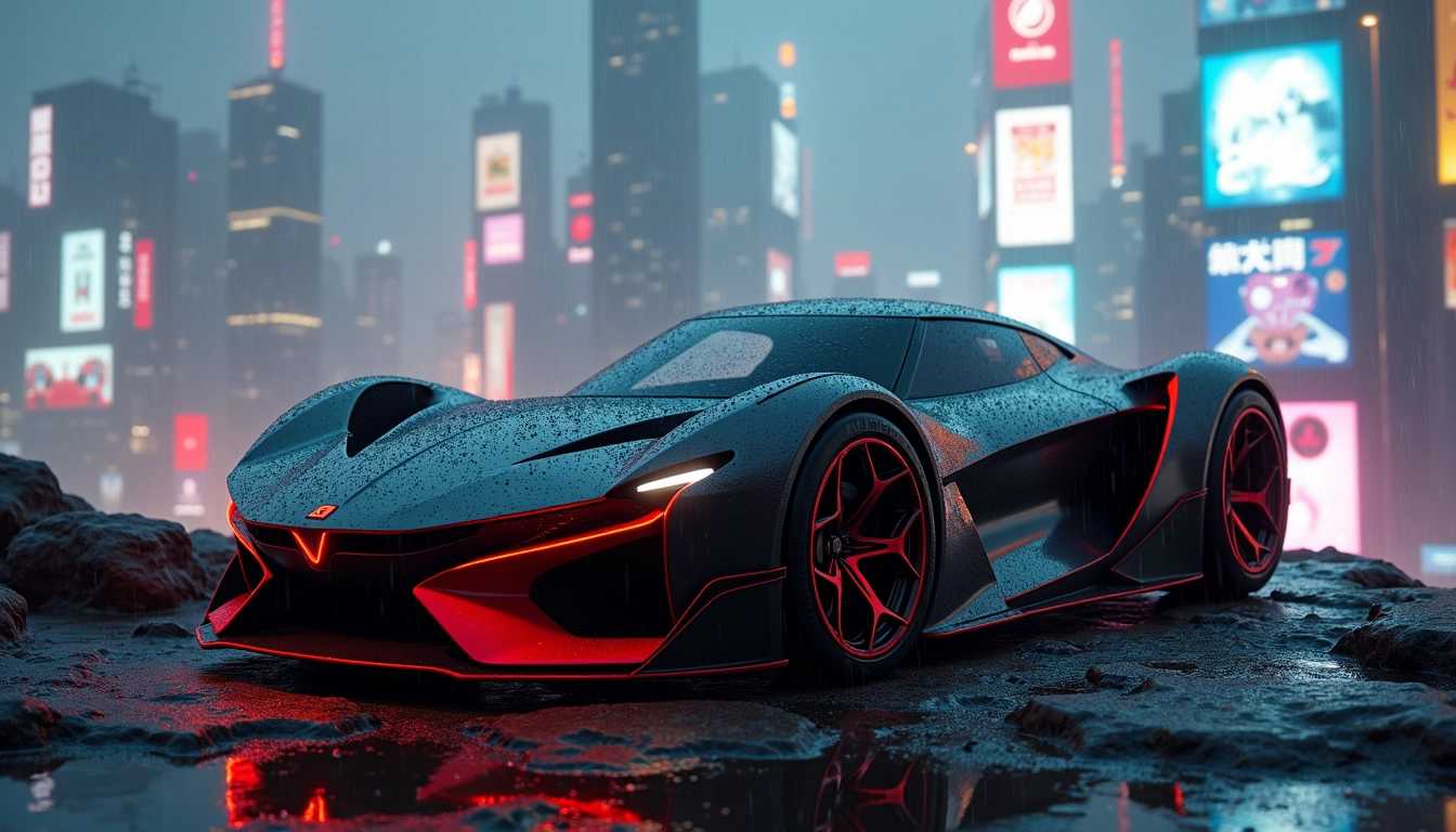 A sleek, futuristic sports car with a glossy black exterior and vibrant red accents, parked on a rocky outcrop. The background features a bustling neon-lit cityscape shrouded in mist, with towering skyscrapers and glowing billboards showcasing bright advertisements. The scene is illuminated by soft, diffused lighting, creating a moody atmosphere, with raindrops glistening on the car's surface, emphasizing its modern design and aerodynamic curves. Ultra-realistic rendering, cinematic quality, high definition.