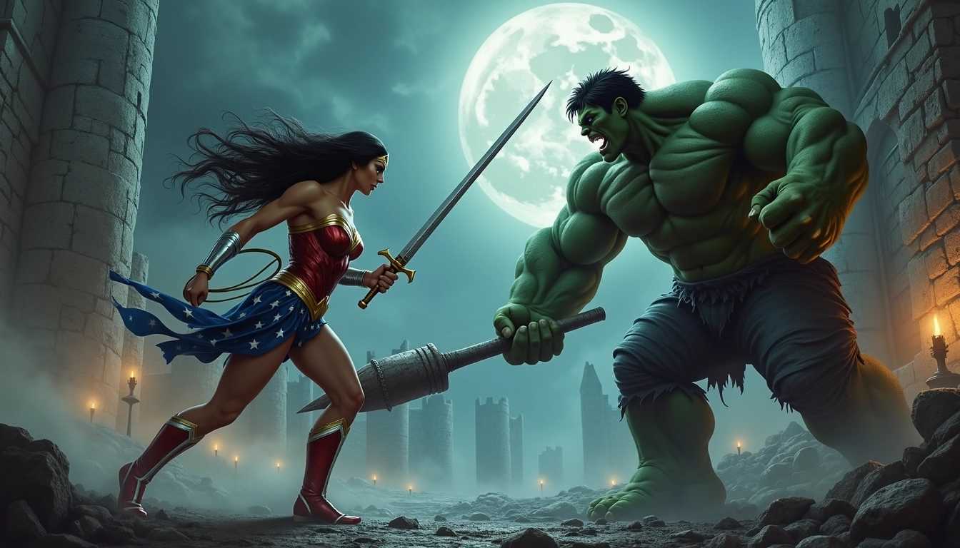 A fierce female Wonder Woman, red, white and blue armor adorned with a golden lasso, is fiercely engaged in a sword fight with a brutish The Hulk, whose skin is a deep, mottled green and wielding a massive, jagged club. The scene is set amidst the crumbling ruins of a once-majestic stone castle, partially enveloped in mystical, swirling fog that obscures the ground and adds to the eerie atmosphere. Dim, flickering torches cast unsettling shadows on the weathered stone walls, enhancing the tension of the confrontation. Wonder Woman's  long, flowing hair dances in the wind as she gracefully parries, her piercing blue eyes reflecting determination and skill. The Hulk, with his menacing snarl and wild, fierce demeanor, counters with brute strength, showcasing sharp tusks and battle scars. A moon obscured by dark, roiling clouds provides a hauntingly muted light, emphasizing the chilling atmosphere and capturing the intensity of the battle. The mood is dark and frightening, filled with a palpable sense of danger and the clash of steel against steel, inviting the viewer to witness this epic confrontation.