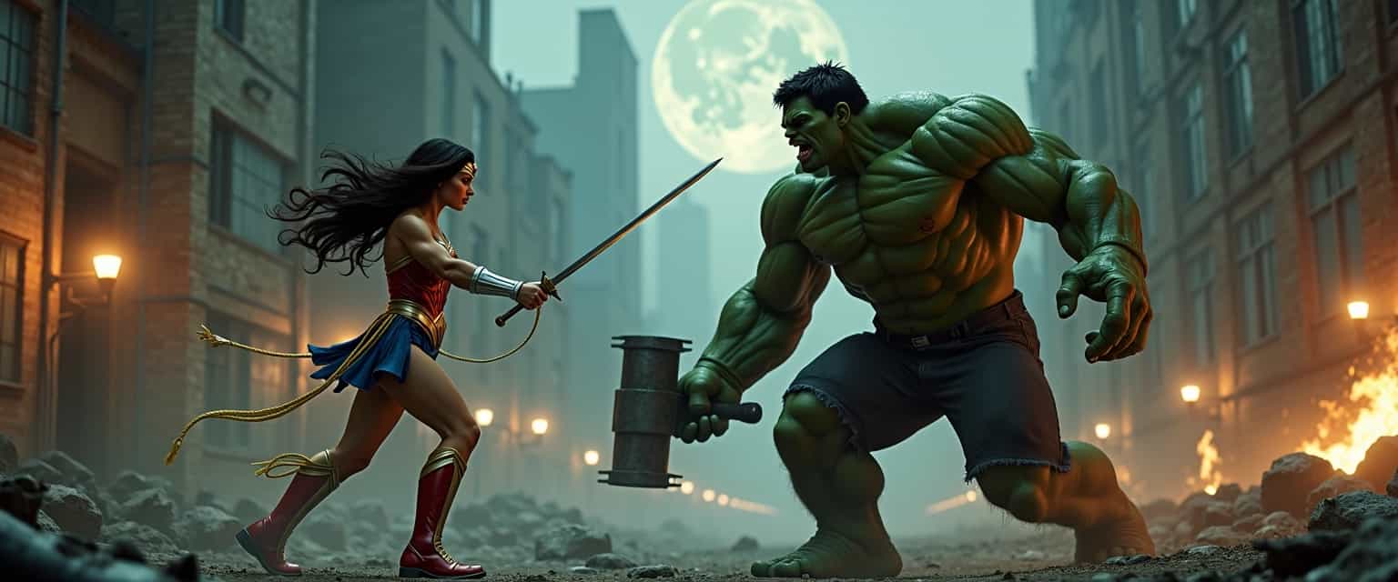 In a dramatic scene set amidst the crumbling ruins of a once-majestic New York City, a fierce female Wonder Woman, clad in vibrant red, white, and blue armor, stands poised for battle. She is adorned with a shimmering golden lasso that reflects the dim, flickering torchlight around her. The air is thick with a radioactive fog that partially obscures the ground, enhancing the eerie atmosphere and casting a spectral glow over the scene. 

Wonder Woman's long, flowing hair billows dramatically in the wind as she engages in a sword fight with a brutish version of The Hulk. His skin is a deep, mottled green, and he wields a massive, jagged club, showcasing the raw power and savage might he embodies. The Hulk’s menacing snarl reveals sharp tusks and he is marked by numerous battle scars, accentuating his fierce demeanor. 

The composition captures the intensity of the confrontation, with Wonder Woman gracefully parrying his strikes, her piercing blue eyes shining with determination and skill, while the surroundings echo the tension of their battle. Dimly lit torches along the weathered stone walls flicker and cast unsettling shadows, adding to the perilous atmosphere. Above them, a moon, shrouded in dark, roiling
