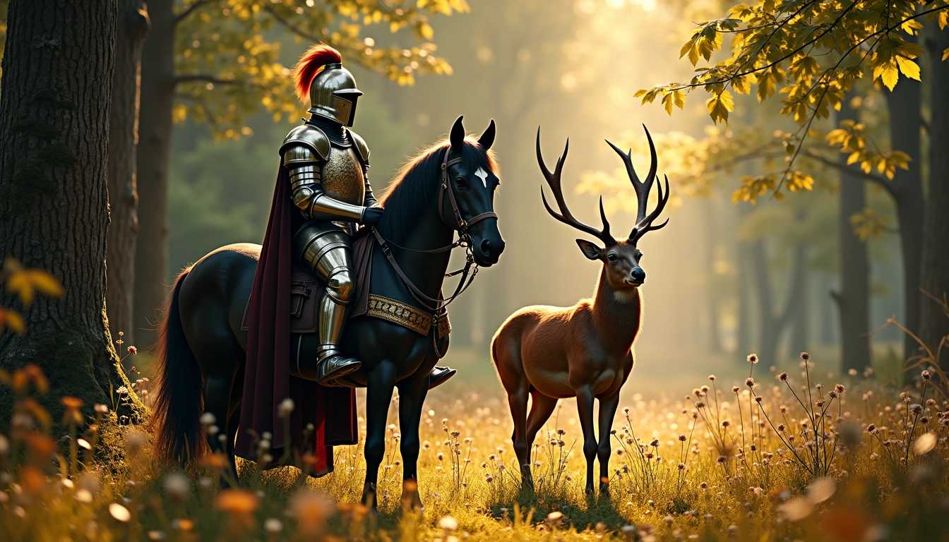 An imposing knight, clad in gleaming armour adorned with intricate designs, stands proudly beside his majestic black horse, mane flowing, in an enchanting clearing in the heart of a verdant forest. The sun's rays filter through the dense foliage of the trees, creating a warm play of light that illuminates the scene. Beside the knight, a majestic stag with imposing antlers stands gracefully, its red fur glistening softly. The atmosphere is one of serenity and nobility, an invitation to marvel. The ground is carpeted with golden leaves and wild flowers, and in the background, majestic trees rise up, their trunks covered in moss. This composition evokes a deep connection between man, nature and the magic of the moment, capturing an epic and mystical essence.