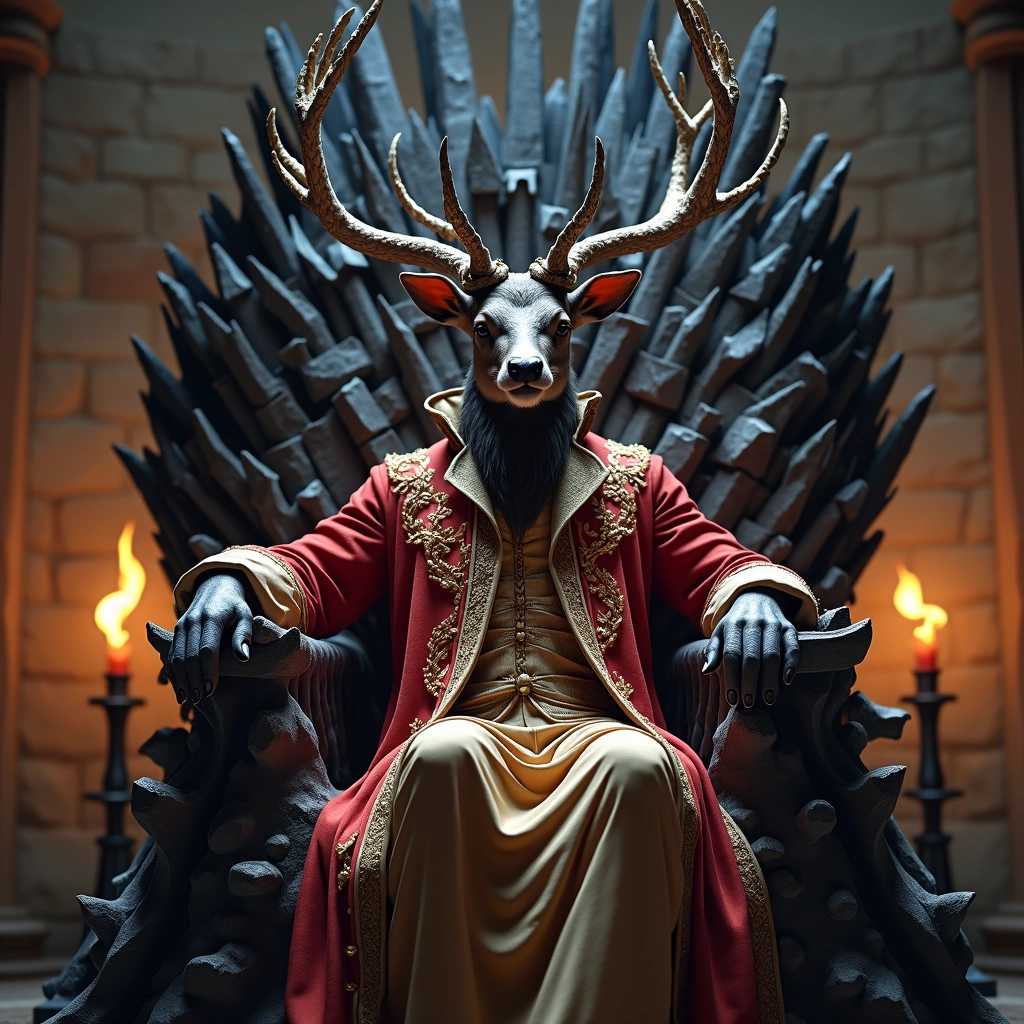 A grand and imposing throne reminiscent of the Iron Throne from "Game of Thrones," intricately detailed with jagged steel and dark, weathered textures. Seated majestically upon the throne is a regal anthropomorphic deer, exuding an aura of power and nobility. The deer is adorned in luxurious, ornate garments rich in color and texture—deep crimson velvets and golden silks, embellished with intricate embroidery and jeweled accents. Its antlers are gracefully styled with braided vines and small gilded ornaments, reflecting the light in a regal manner. The setting is dimly lit, with flickering torches casting warm shadows against the stone walls, creating a dramatic atmosphere. The composition focuses on the powerful stature of the deer, highlighting its confident demeanor as it surveys its kingdom, embodying both majesty and ferocity. The scene is infused with a dark fantasy aesthetic, invoking themes of dominance and elegance.