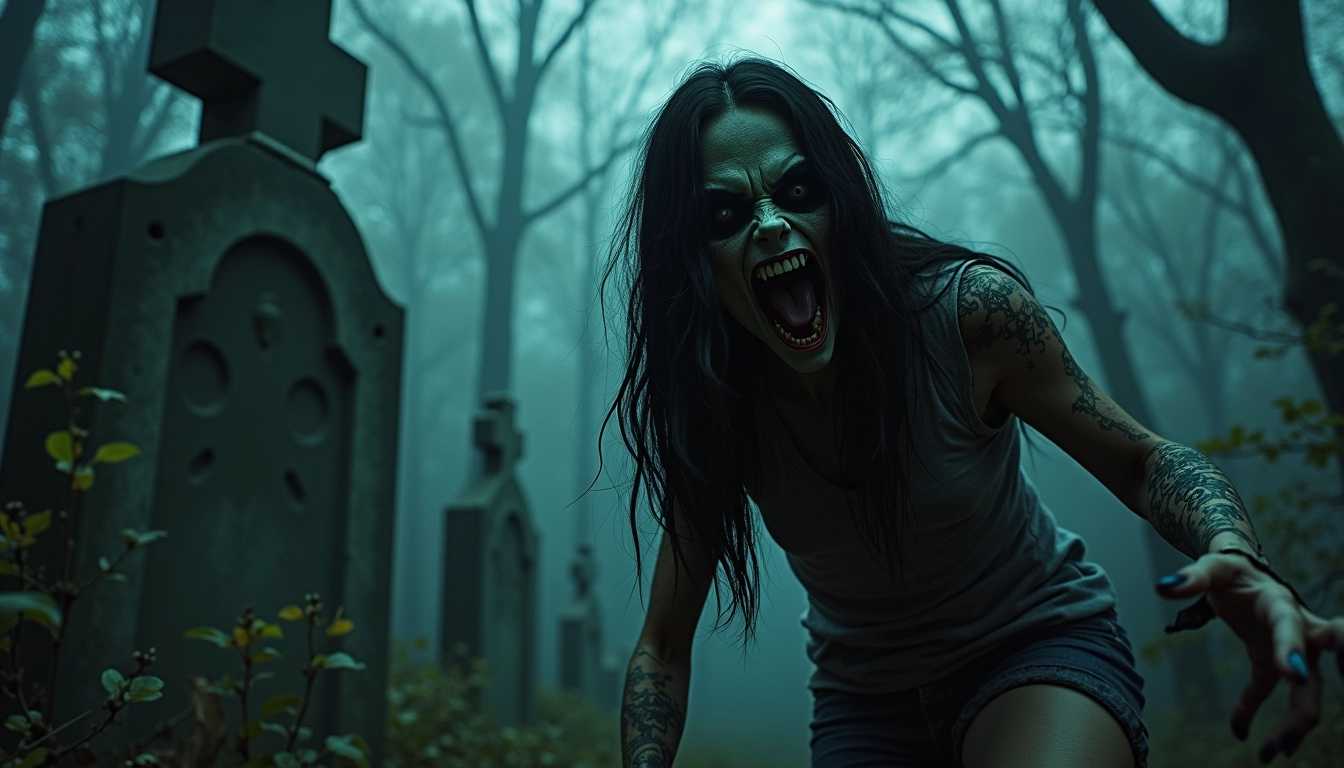 a grotesque monster hunting final girl a derelict graveyard at night