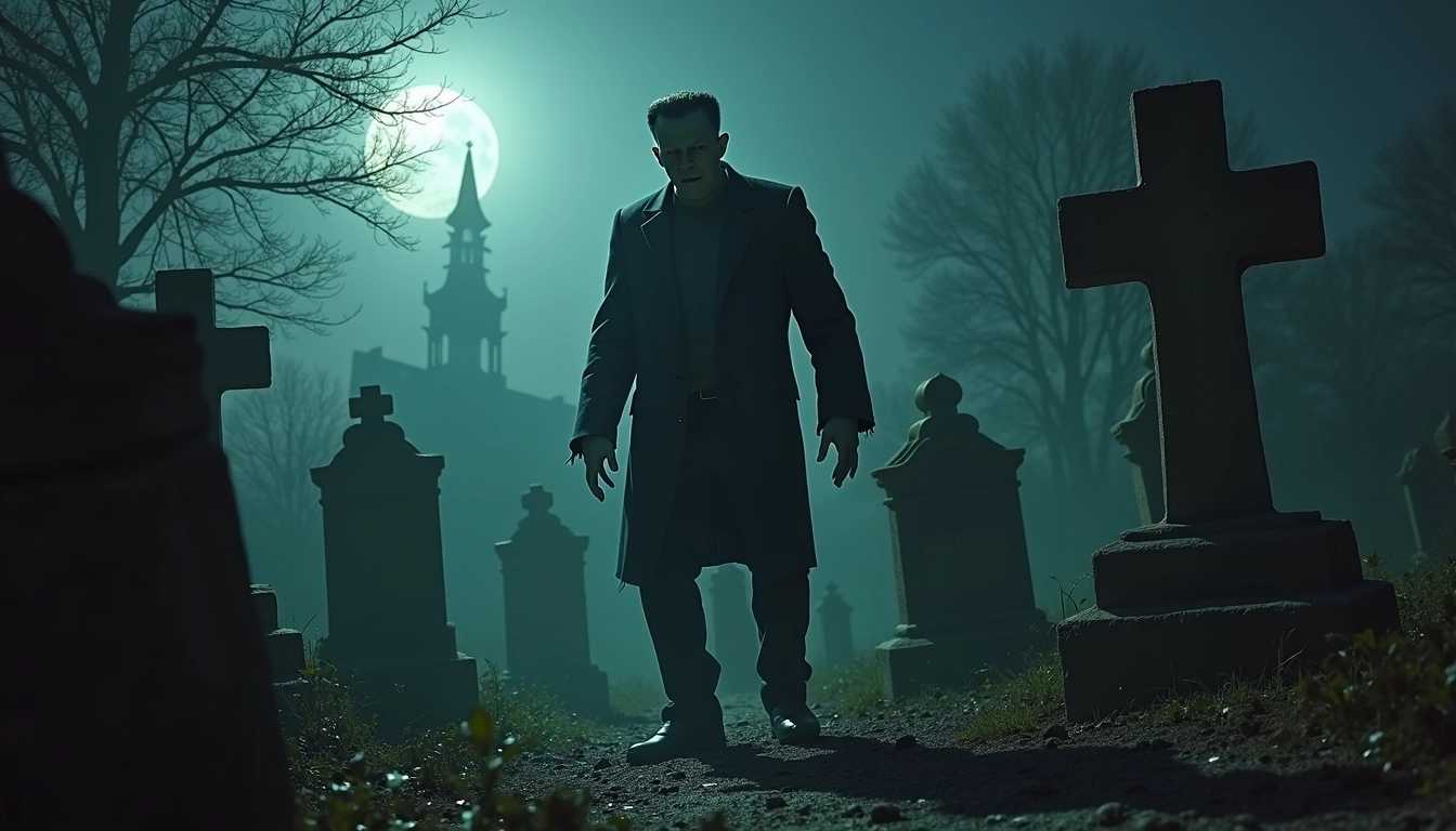 a grotesque Frankenstein's monster is hunting Frankensteins bride a derelict graveyard at night
