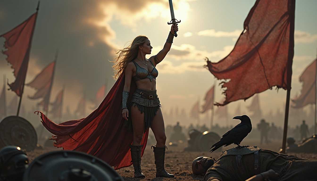Victorious Warrior Woman with Sword Raises Hand in Triumph amidst Battlefields