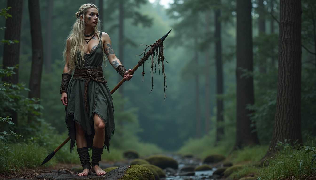 full frame dark forest photo, a mysterious female Viking sharman standing with a ritual spear in an overgrown pine forest in the witching hour. Intricate Viking pagan jewelry, beads in her long tangled blonde hair, ritual Viking tattoos. Face-paint. Low-cut linen dress, revealing a lot of cleavage, naked bleeding feet on abrasive forest rock.