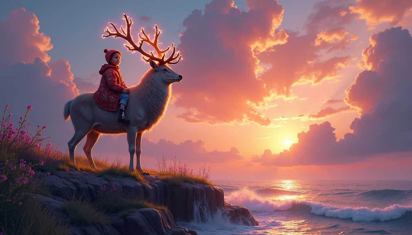 Un enfant émerveillé, vêtu d'un manteau coloré, est assis sur le dos d'un majestueux cerf aux bois scintillants, qui se tient fièrement sur le bord d'une falaise escarpée. Le cerf est orné de motifs luminescents et d'une douce lumière émanant de son pelage, accentuant son aspect magique. En arrière-plan, un ciel flamboyant se déploie, mélangent des teintes de rose, d'orange et de violet, parsemé de nuages cotonneux illuminés par les derniers rayons du soleil couchant. La mer, en contrebas, reflète ce spectacle coloré, créant une atmosphère d'émerveillement. Des fleurs sauvages colorées bordent la falaise, ajoutant à la poésie de la scène. L’enfant, avec un regard rêveur, semble communier avec la nature, et l'ensemble évoque un moment suspendu dans le temps, rempli de magie et de douceur. La composition est harmonieuse et équilibrée, invitant le spectateur à pénétrer dans ce monde féerique.