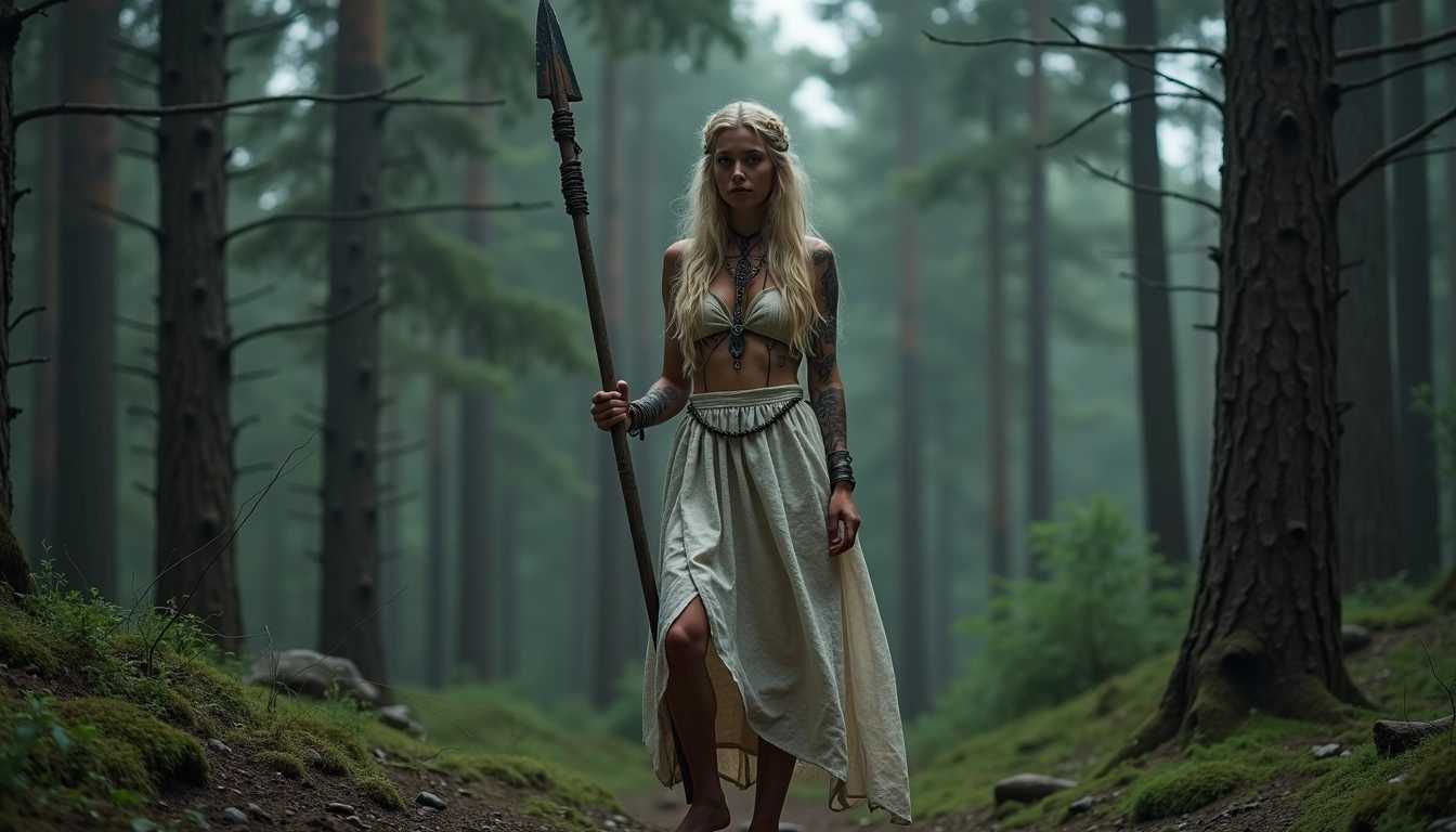 full frame dark forest photo, a mysterious female Viking sharman standing with a ritual spear in an overgrown pine forest in the witching hour. Intricate Viking pagan jewelry, beads in her long tangled blonde hair, ritual Viking tattoos. Face-paint. Low-cut linen dress, revealing a lot of cleavage, naked bleeding feet on abrasive forest rock.