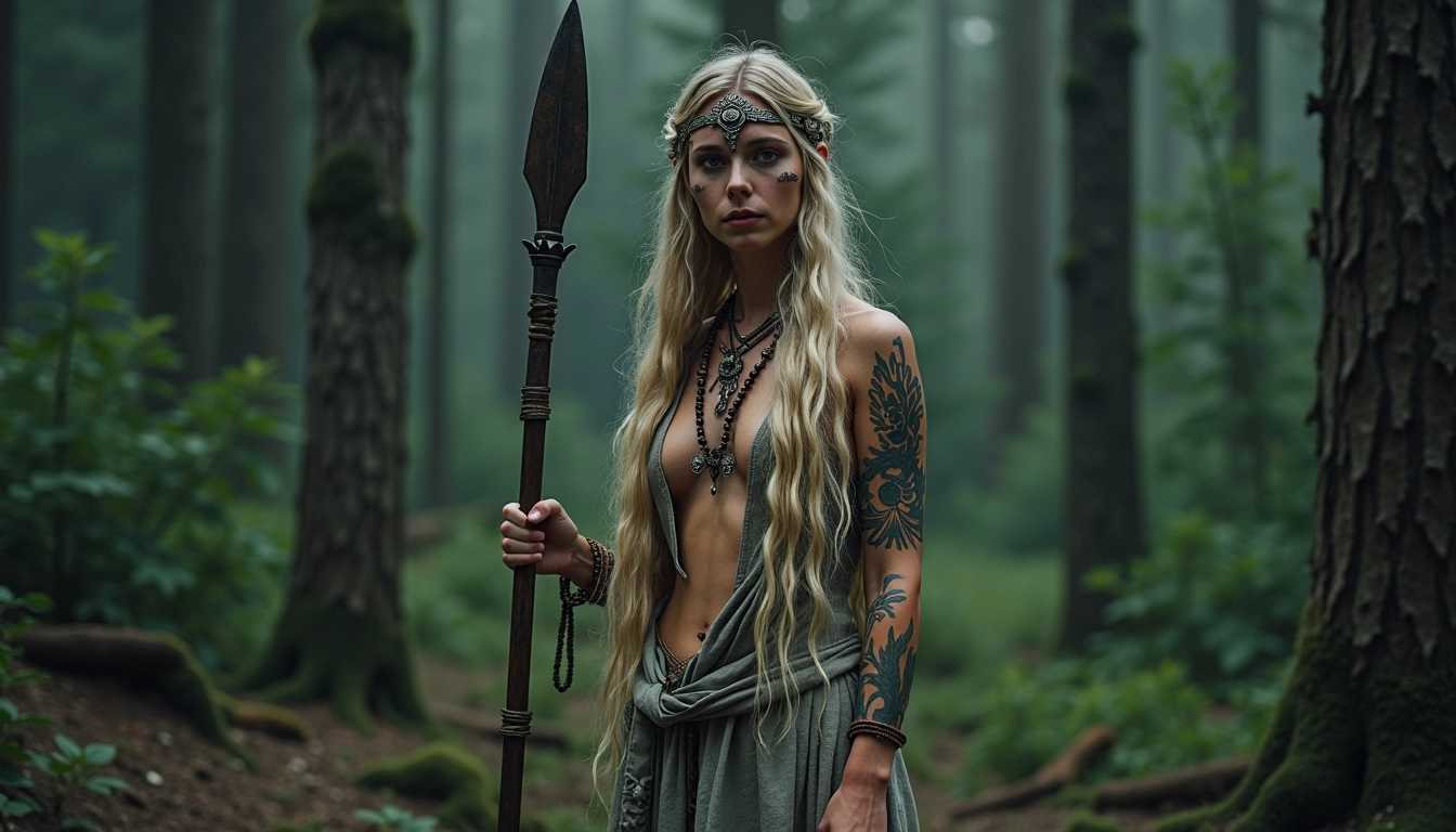 full frame dark forest photo, a mysterious female Viking sharman standing with a ritual spear in an overgrown pine forest in the witching hour. Intricate Viking pagan jewelry, beads in her long tangled blonde hair, ritual Viking tattoos. Face-paint. Low-cut linen dress, revealing a lot of cleavage, naked bleeding feet on abrasive forest rock.