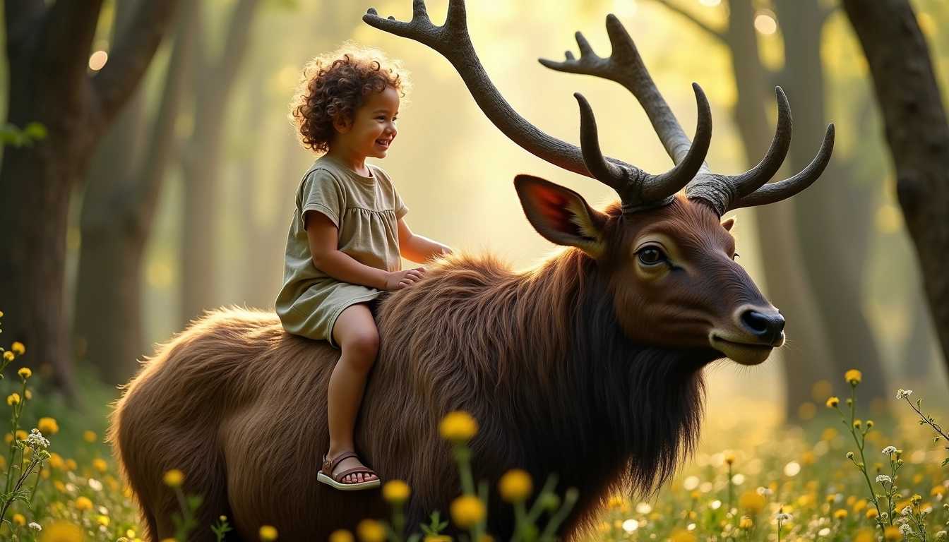 Un enfant aux cheveux dorés, habillé d'une tunique légère en lin, monte sur le dos d'un majestueux cerf aux bois délicatement ramifiés, ornés de mousse et de lichen. Le cerf est d'une taille impressionnante, avec un pelage brun chaud qui brille sous les rayons doux du soleil filtrant à travers le feuillage dense de la forêt enchantée. Derrière eux, la scène est embrassée par une ambiance magique, où des lucioles scintillantes dansent dans l'air et de petites fleurs luminescentes poussent au sol, ajoutant des touches de couleurs vives. Des arbres millénaires, aux troncs noueux et aux feuilles vert émeraude, forment une voûte naturelle, laissant passer des rafales de lumière dorée. L'expression joyeuse de l'enfant, empreinte d'émerveillement, contraste avec la noblesse tranquille du cerf, créant une harmonie entre innocence et sagesse. L'ensemble dégage une atmosphère de sérénité et de mystère, comme si ce moment était figé dans un conte de fées.