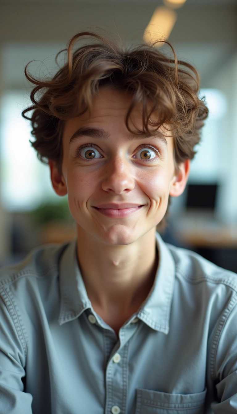 A close-up headshot of an awkward new employee in an office setting. The employee has slightly tousled hair and wears a button-up shirt that is slightly wrinkled, suggesting a lack of experience in a professional environment. Their expression is a mix of nervousness and determination, with wide eyes and a shy smile. The background features a softly blurred office environment, with a modern desk and a computer visibly out of focus, emphasizing the subject. Soft, natural lighting highlights their face, creating a warm yet slightly awkward atmosphere. The overall mood conveys a sense of new beginnings and the challenges of fitting into a workplace.