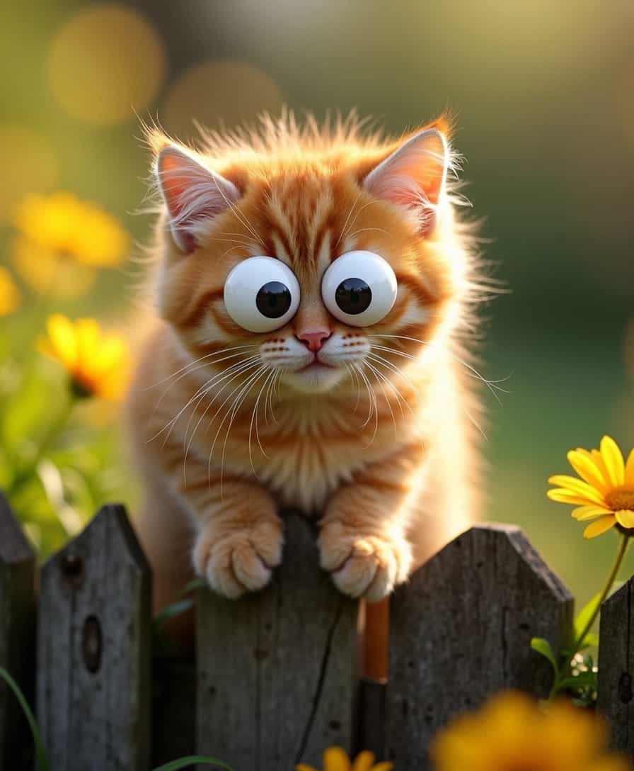 A fluffy tabby kitten perched playfully on a weathered wooden fence, its fur a delightful blend of warm orange and caramel tones. The most striking feature is its oversized plastic googly eyes, stark white with comically large black pupils, creating an amusing and whimsical expression. The scene is bathed in soft, golden late afternoon sunlight, which casts gentle shadows and highlights the kitten's fluffy texture, enhancing the three-dimensional effect of the googly eyes. The composition features a shallow depth of field that artistically blurs a lush, vibrant garden background filled with rich greens and soft yellows, bringing attention to the adorable kitten. The image evokes a light-hearted and playful mood, capturing a moment of innocent charm and humor in a photorealistic style.