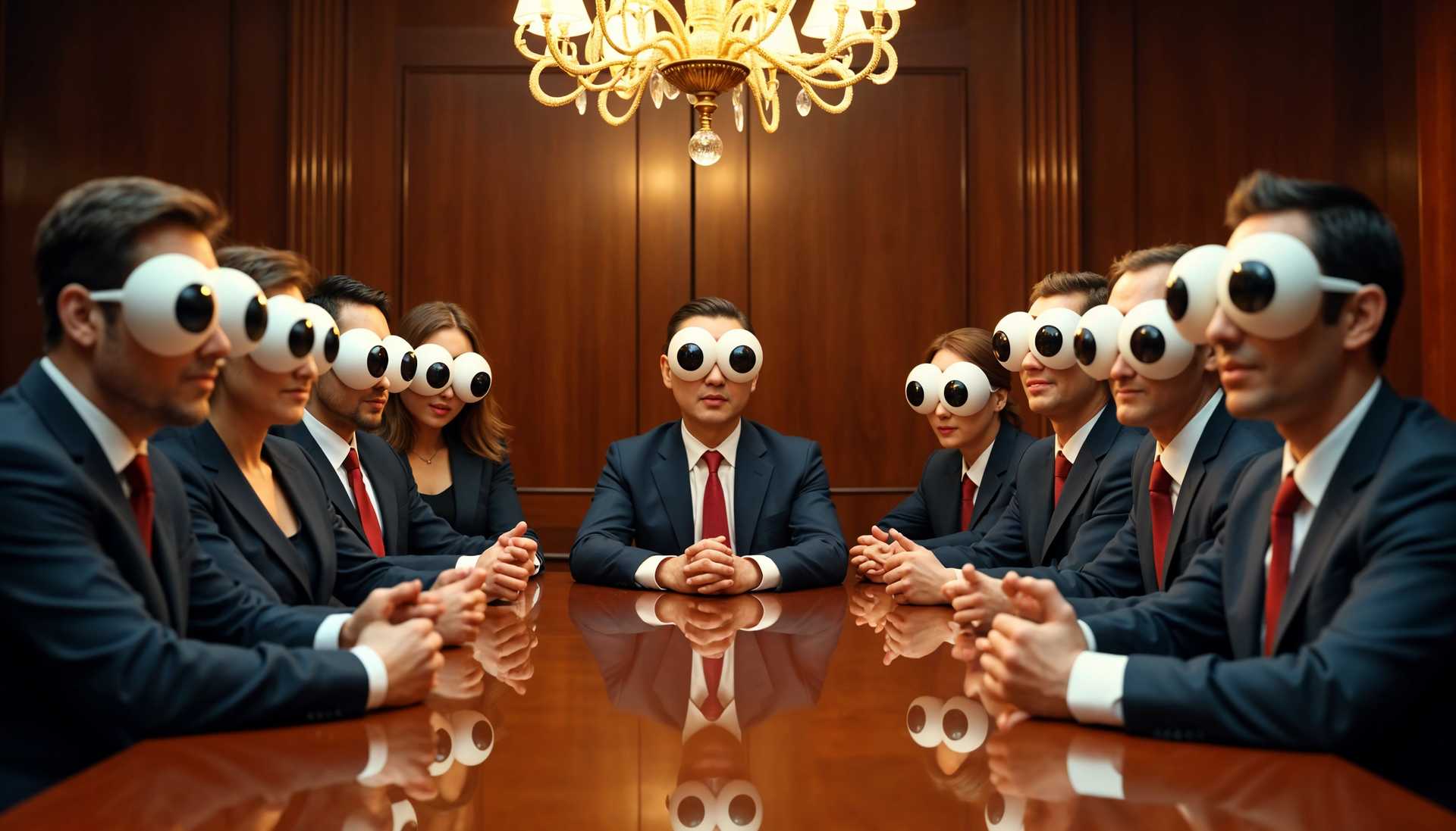 Business professionals in formal suits with oversized googly eyes in a boardroom.