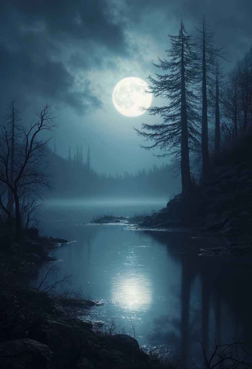 A mysterious and ethereal nocturnal landscape, inspired by the romantic and moody paintings of Caspar David Friedrich, featuring a moonlit sky, silhouetted trees, and a reflective lake, with a color scheme of cool blues, silvers, and blacks, rendered in a digital painting style that captures the essence of romanticism