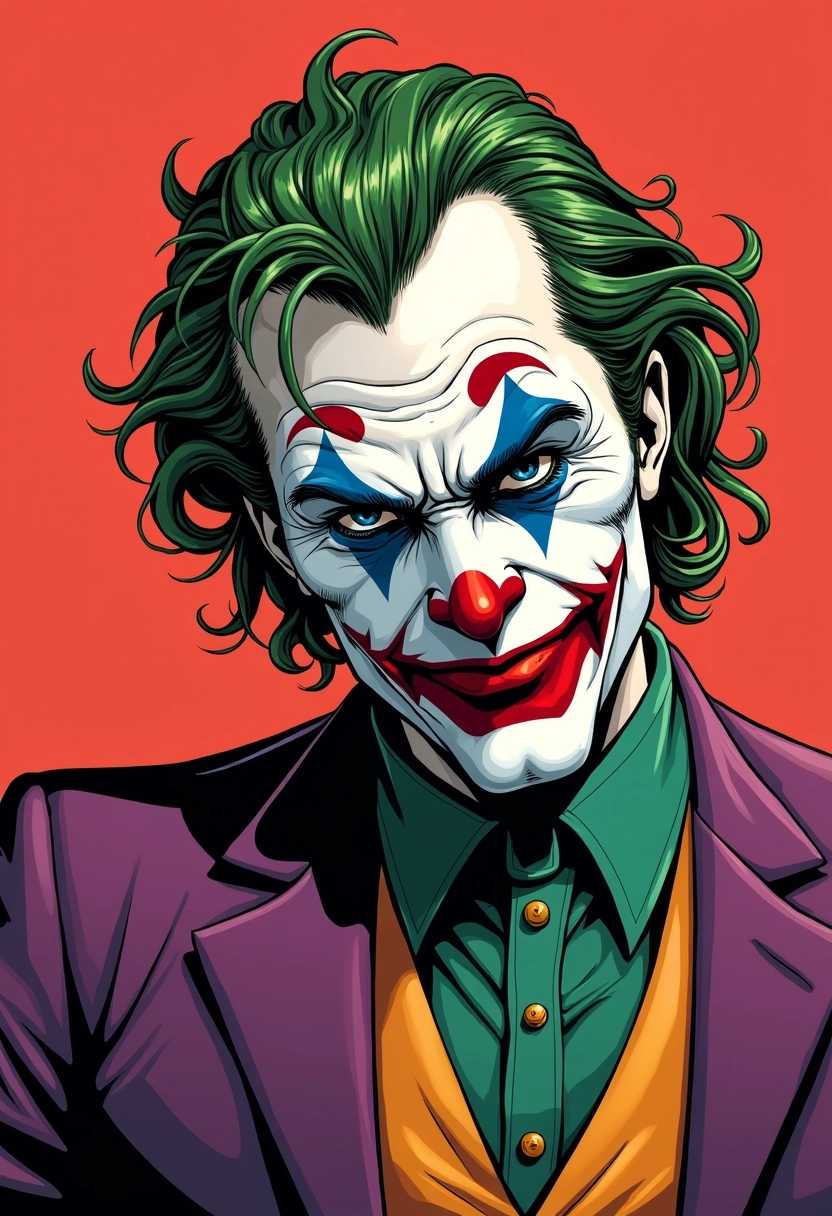 illustration,comic art,graphic novel art,vibrant,cel-shaded,flat cartoony style,bold colour palette,crosshatched shadows,outlined,thick linework,graphic,by Jason Fabok,by Gary Frank,by Charles Burns,The Joker,full-body shot,1male,


