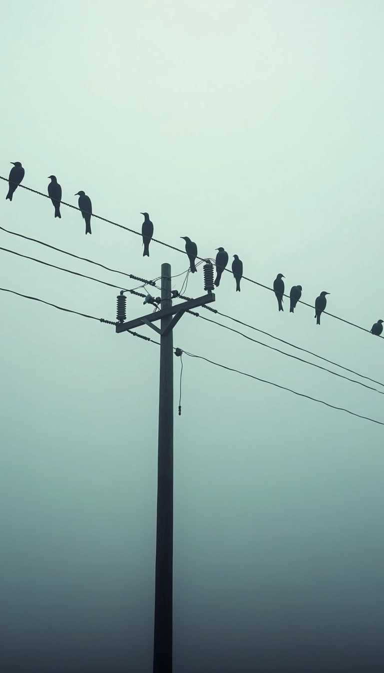 Wildlife photograph of various birds perched on a power line, early morning fog, f/5.6, in the style of Frans Lanting, moody, use negative space for emphasis