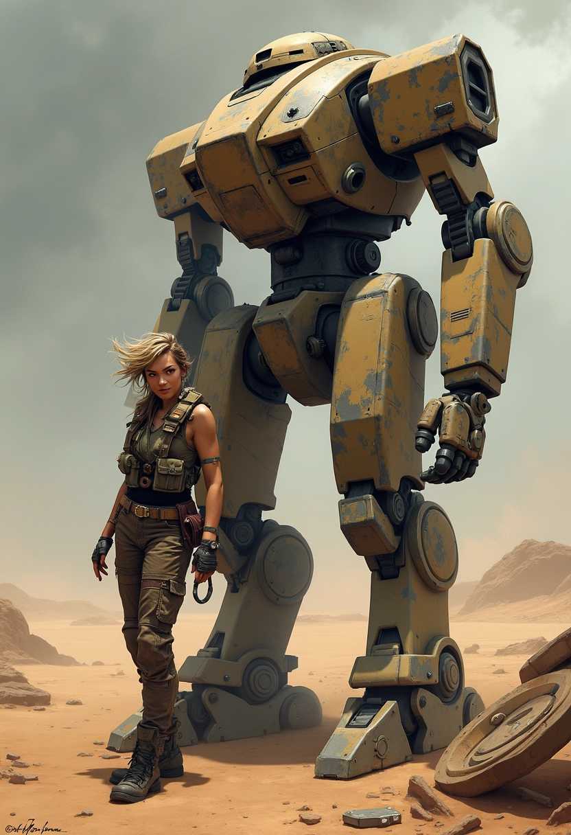 A captivating digital illustration featuring a rebellious mech pilot, portrayed as a strong female figure with a defiant expression. She leans casually against her towering, battle-worn robot in the heart of a desolate desert warzone. The background is a stark, barren landscape, punctuated by remnants of past conflicts—scattered debris, abandoned machinery, and a seemingly endless arid horizon. Above, a moody, overcast sky looms, casting a somber atmosphere over the scene. 

The color palette is muted, dominated by earthy tones of ochre and gray, enhanced by chiaroscuro lighting that creates dramatic shadows across the landscape. The pilot is clad in worn combat gear adorned with personal touches, signifying her individuality and experience. Her hair is tousled by the wind, and her gaze exudes a compelling mix of hope and defiance, a subtle challenge to the chaos surrounding her. 

Next to her, the colossal mech towers impressively, its exterior marked by scratches and dents that tell the tale of numerous battles fought. The metallic texture of the machine is accentuated by intricate mechanical details that highlight its complex design. 

The composition captures a dynamic interaction between the pilot and her machine, emphasizing their connection as they prepare for a new challenge amidst the remnants of