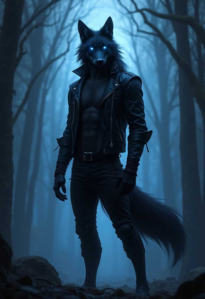 A striking anthro dark wolf Fursona standing in an enigmatic, shadowy forest at twilight. The character is a tall, adult male with a slim, athletic build, accentuated by sleek, midnight-black fur that glistens subtly under the fading sunlight. His piercing, luminescent eyes glow in contrasting shades of electric blue, capturing a sense of mystery and allure. He possesses elongated, pointed ears adorned with silver piercings that glint in the light. The wolf features a stylish, rugged outfit with a fitted leather jacket that complements his physique, enhancing his edgy demeanor. The background is filled with dense trees, shrouded in mist and deep blue shadows, creating an atmospheric, slightly ominous mood. Soft beams of light break through the canopy, casting an ethereal glow on the character, highlighting the contours of his face and fur. The overall composition conveys a sense of strength and elegance, inviting viewers to explore the character's intriguing story.