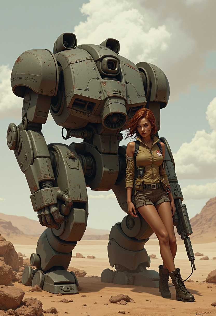 a war-torn environment. The illustration should be framed in a cinematic style, with the pilot positioned in the foreground, exuding strength and confidence. Her posture suggests both relaxation and readiness for action, as she casts an intense gaze towards the viewer, inviting them into her world. 

The mech looms large in the background, slightly off-center, creating a powerful sense of scale and emphasizing the pilot's small yet formidable stature in contrast to the robot. The details of the mech, such as exposed wiring, glowing energy cores, and hydraulics, should be intricately rendered, showcasing its advanced technology and battle-worn appearance. 

The desert landscape is littered with the remnants of past skirmishes: fragments of ruined vehicles, twisted metal, and remnants of weaponry, all rendered with a high level of realism. The sandy dunes ripple in the foreground, directing the viewer's eye towards the horizon, where the clouds gather ominously.

The overall mood of the piece should evoke feelings of resilience and defiance, as the pilot and her mech stand as symbols of hope in a bleak world. The lighting should create stark contrasts, with shafts of light breaking through the clouds, illuminating the pilot and her machine, while the rest of the scene remains shrouded in shadow,