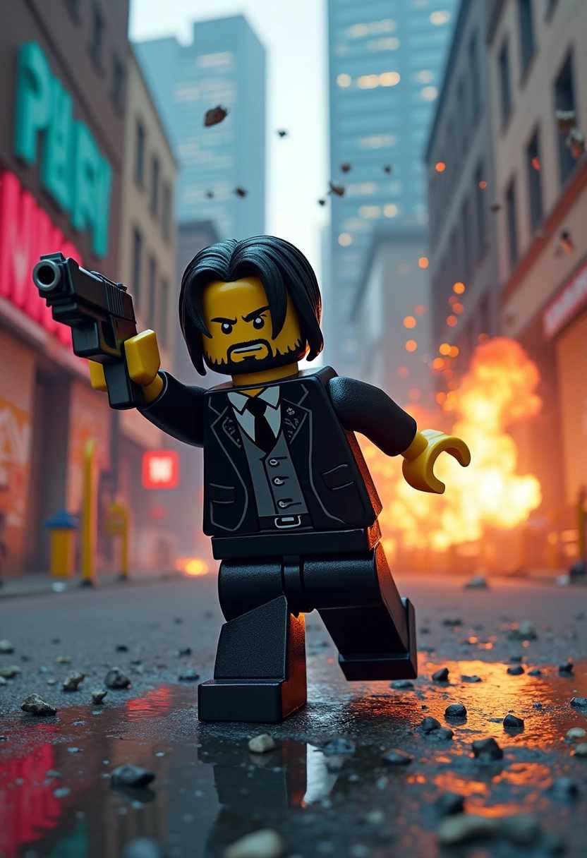 A dynamic action scene featuring John Wick reimagined as a LEGO character, set in a bustling urban environment. The scene captures him mid-action, wielding two LEGO-style pistols, with a fierce determination on his blocky face. The backdrop showcases a neon-lit city street with large skyscrapers, scattered debris from a recent battle, and colorful graffiti on the walls. An explosion in the background adds a dramatic flair, with bits of LEGO bricks flying through the air, enhancing the sense of motion and chaos. The colors are vibrant, highlighting the contrast between the sleek black of Wick's LEGO suit and the colorful environment. The scene is illuminated with dramatic lighting, casting shadows that accentuate the action-packed atmosphere, making it look like a scene straight out of an animated blockbuster.