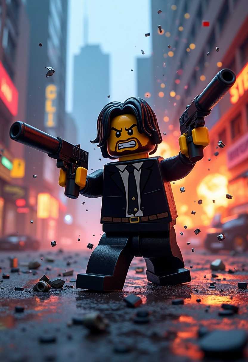 A dynamic action scene featuring John Wick reimagined as a LEGO character, set in a bustling urban environment. The scene captures him mid-action, wielding two LEGO-style pistols, with a fierce determination on his blocky face. The backdrop showcases a neon-lit city street with large skyscrapers, scattered debris from a recent battle, and colorful graffiti on the walls. An explosion in the background adds a dramatic flair, with bits of LEGO bricks flying through the air, enhancing the sense of motion and chaos. The colors are vibrant, highlighting the contrast between the sleek black of Wick's LEGO suit and the colorful environment. The scene is illuminated with dramatic lighting, casting shadows that accentuate the action-packed atmosphere, making it look like a scene straight out of an animated blockbuster.