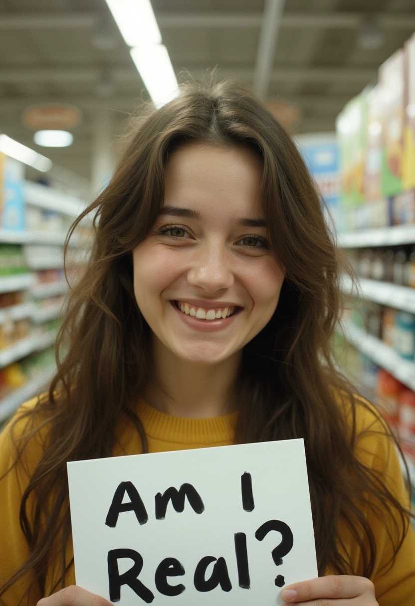 unprofessional photo taken in haste with a disposable camera of a plain casual woman with an unremarkable face with a few small blemishes and a few pimples with a straightforward simple appearance in a supermarket with her long messy hair Style: Documentary Photography 07 View: Dynamic shot, holding a sign "Am I Real?"