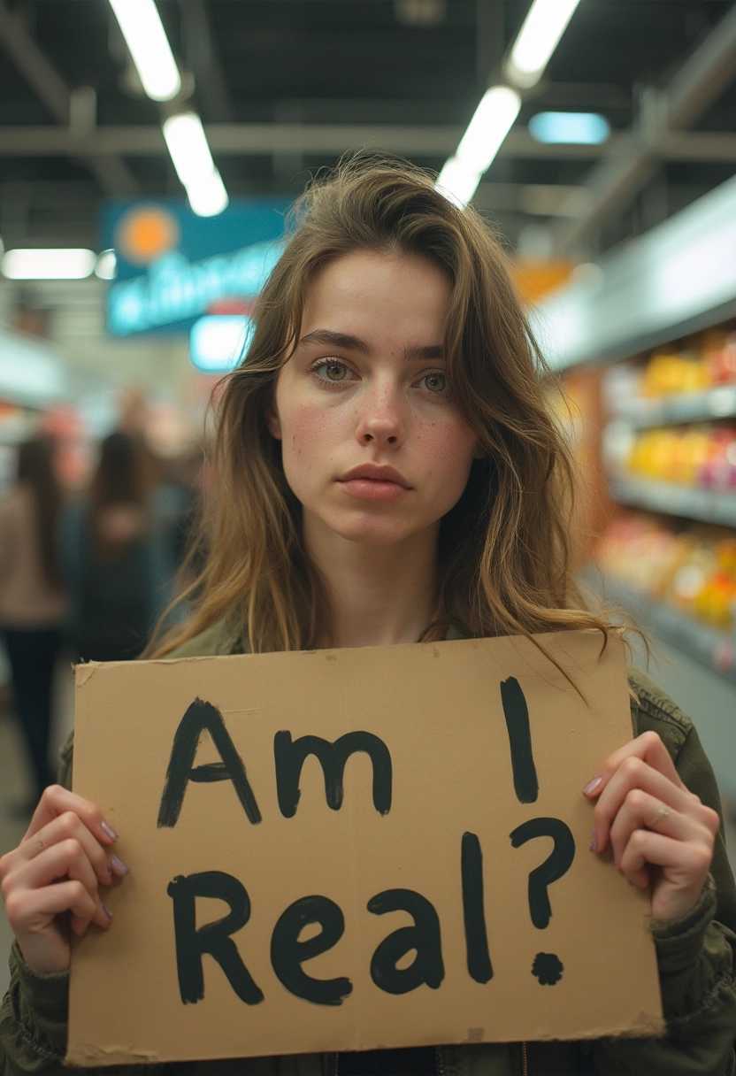 A candid, unposed shot captured in a supermarket, showcasing a plain casual woman with an unremarkable face, adorned with a few small blemishes and a couple of pimples. Her long, messy hair falls loosely around her shoulders, contributing to her straightforward, approachable appearance. The setting is bustling with shoppers and colorful product displays, reflecting the vibrant atmosphere of a typical grocery store. The composition includes a dynamic angle, drawing attention to the woman as she holds up a sign that reads "Am I Real?" in bold letters, suggesting a moment of introspection amidst the mundane. The overall mood is raw and authentic, resembling a documentary photograph, full of subtle emotion and everyday beauty. The lighting is natural, casting soft shadows that enhance the realism of the scene.