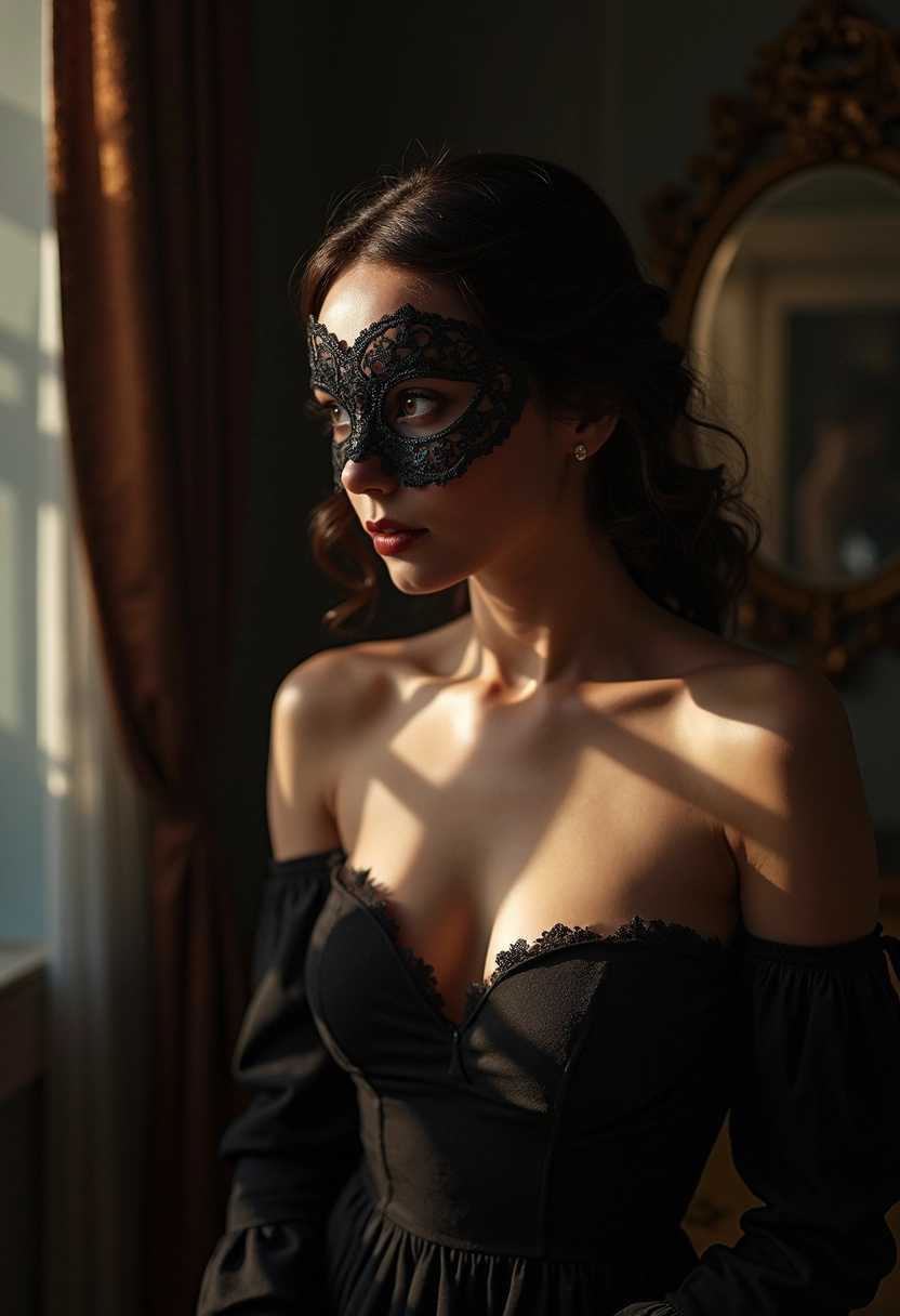 A noir-inspired scene featuring a captivating woman enveloped in an aura of mystery and seduction. She is adorned with an exquisite lace mask that elegantly obscures her eyes, heightening the sense of intrigue. The setting is a dimly-lit chamber, richly detailed with deep shadows and stark highlights, expertly utilizing chiaroscuro to amplify the dramatic effect. The atmosphere captures the essence of Helmut Newton’s erotic visuals, brimming with sensuality and allure. Soft, diffused light delicately caresses her silhouette, illuminating the curves of her figure while preserving a sense of intimacy. In the background, subtle details hint at a hidden world filled with tantalizing secrets—a hint of velvet drapes, an antique mirror reflecting fragmented light, and shadows casting suggestive shapes. The overall composition radiates poised confidence and enigmatic charm, drawing the viewer into a captivating narrative steeped in allure and mystery. The colors are muted with a palette of deep blacks, rich browns, and touches of luxurious gold to enhance the evocative mood.
