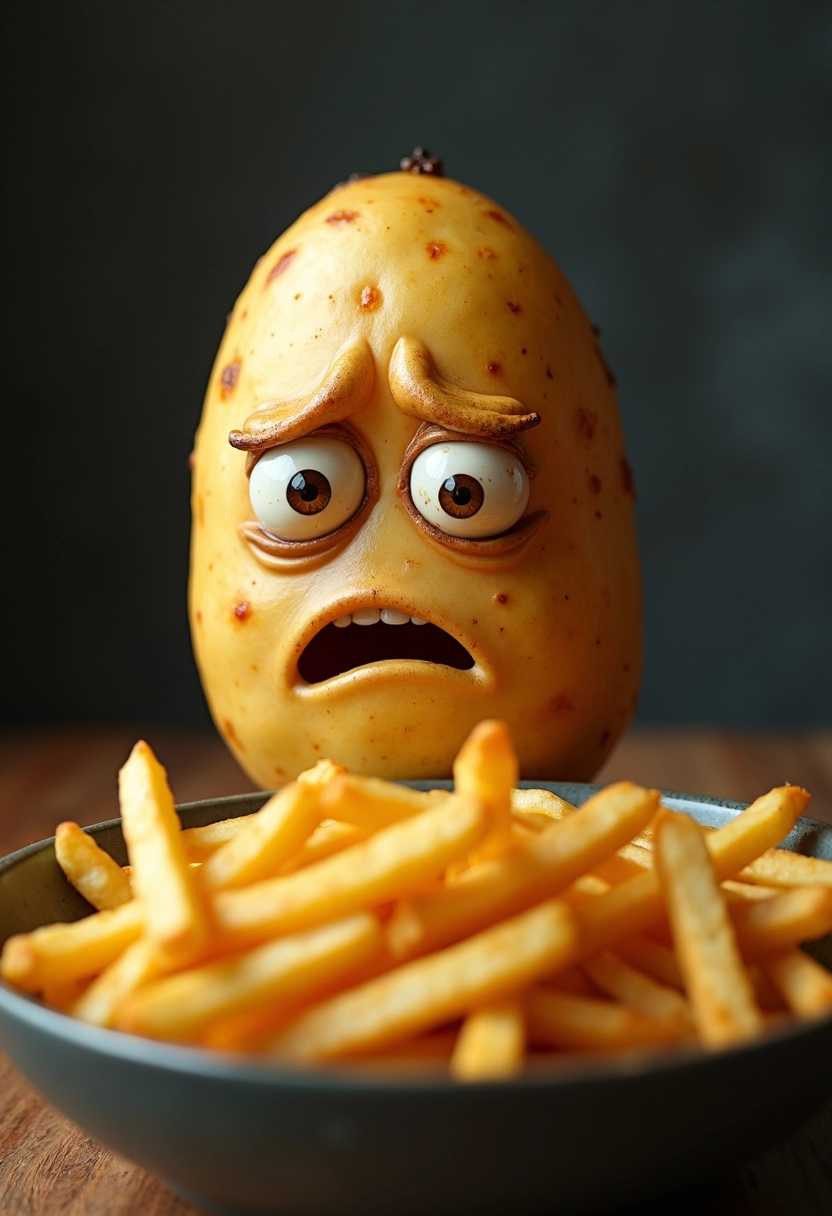 A sad potato crying, looking at a bowl of french fries
