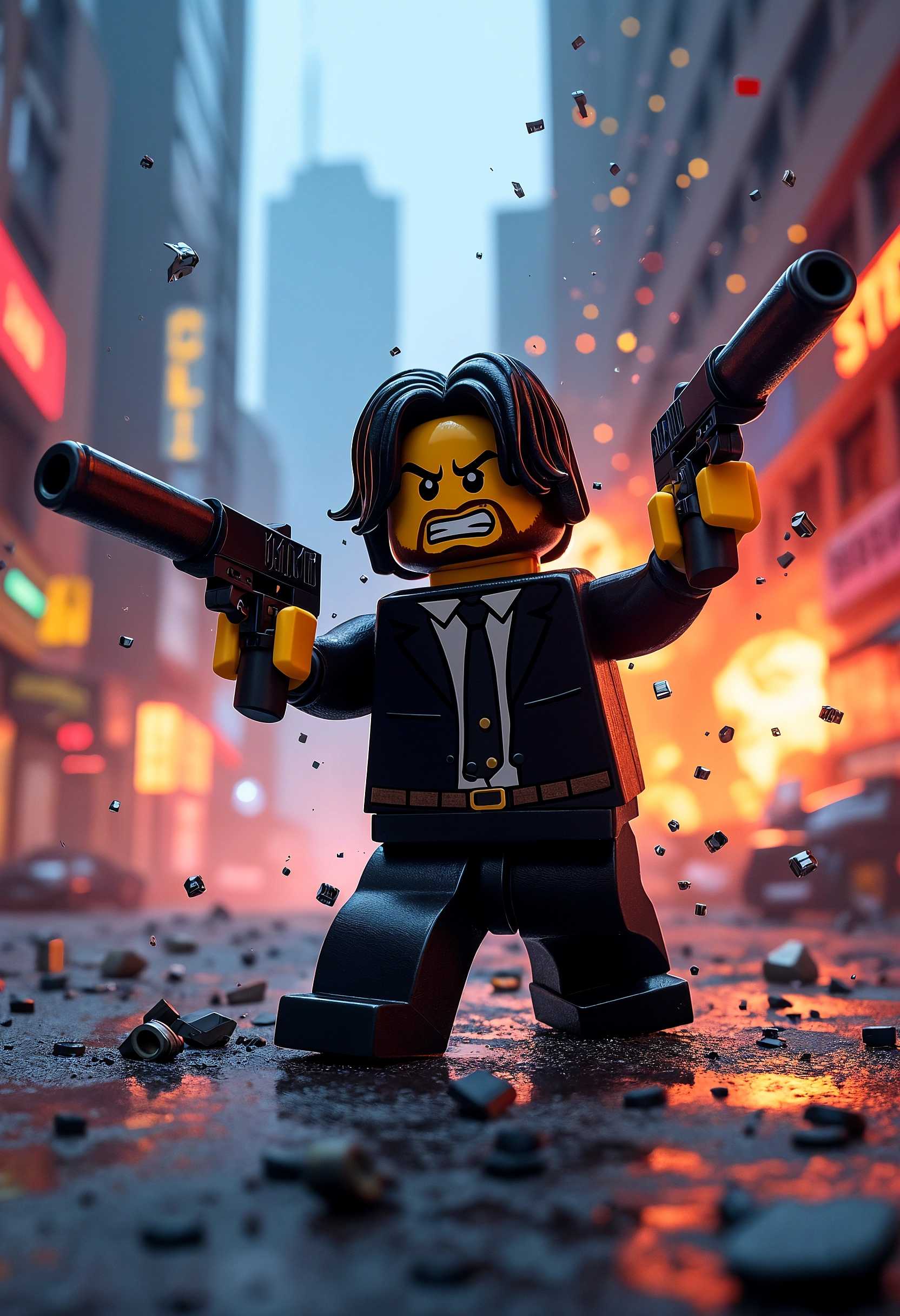 LEGO Minifigure Channels John Wick in a High-Octane, Action-Packed Scene