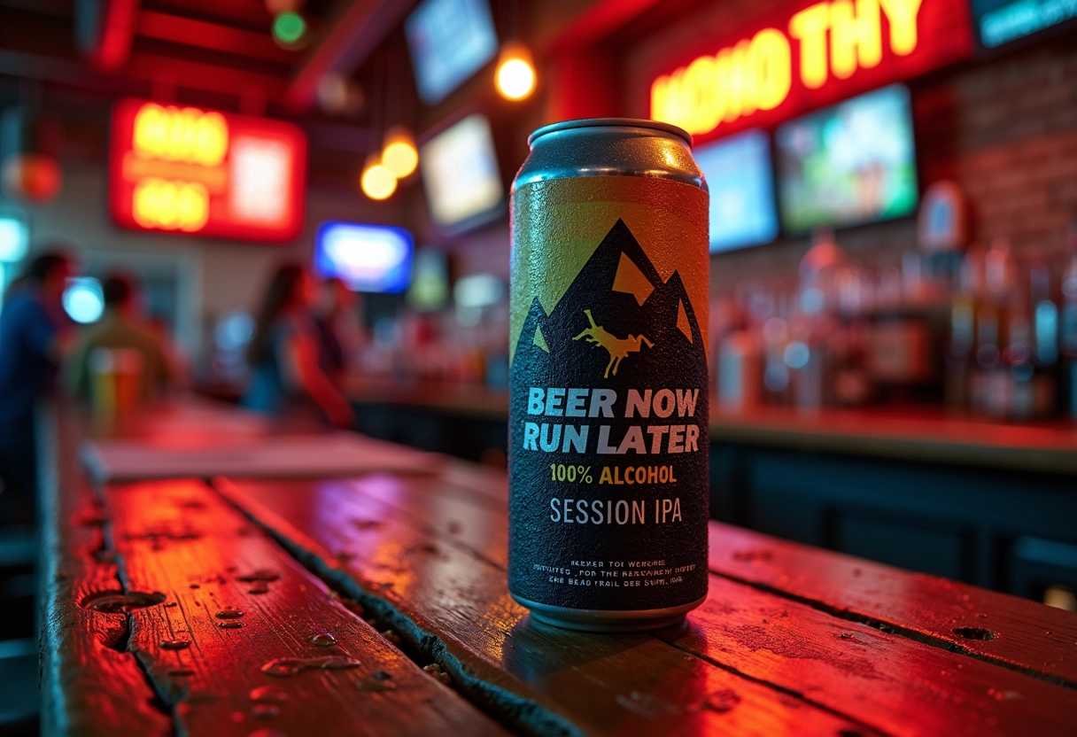 Extreme close-up of a condensation-covered, ice-cold beer can resting on a rustic wooden counter, surrounded by a vividly bustling bar atmosphere at night. The beer can showcases sleek, minimalistic patterns that evoke imagery of mountains and trail running, emphasizing an adventurous spirit. The bold, stylized logo reads "BEER NOW RUN LATER," prominently displayed, while subtle text below states "100% ALCOHOL SESSION IPA." The composition follows the rule of thirds, placing the can off-center to create dynamic depth. Warm, ambient lighting from the bar's neon signs casts a lively glow, enhancing the rich wood grain of the counter and reflecting the excitement of the crowd in the blurred background. The scene captures a vibrant nightlife, full of energy and camaraderie.