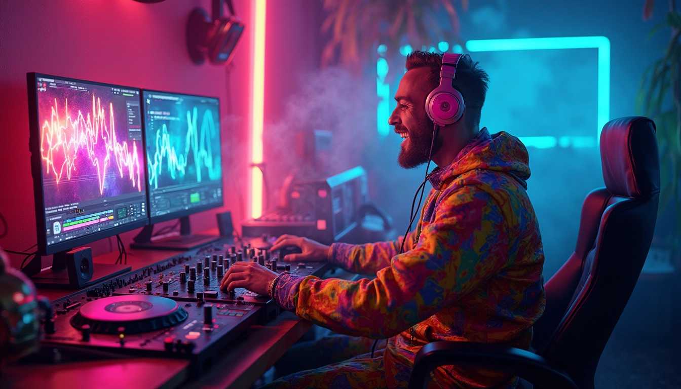 A vibrant and eccentric DJ named "DJ Helmut" immersed in a digital soundscape, positioned in a modern home studio. He has an eclectic style, wearing colorful headphones and a flashy outfit adorned with neon patterns. The computer screen in front of him glows with vibrant graphics of sound waves and mixing software, casting a colorful light across the room. 

The studio is filled with various musical instruments, vinyl records, and a large mixer panel, all intricately detailed. Ambient LED lights pulsate to the beat, enhancing the energetic atmosphere. 

The scene is captured from a dynamic angle, showcasing both DJ Helmut's lively expressions and the exciting equipment surrounding him. The mood is lively and chaotic, reminiscent of a high-energy nightclub, set during the evening with a slight haze of colorful fog adding depth to the atmosphere. 

Photographed in a vivid, hyper-realistic style with a focus on bold colors and sharp contrasts, the composition exudes a sense of creativity and spirited joy, inviting the viewer into the world of music and passion.