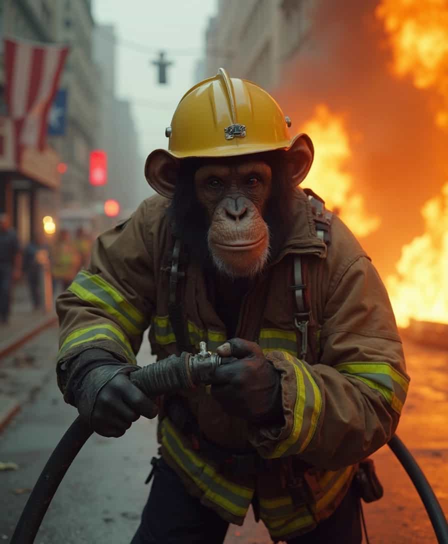 Photography of a brave chimpanzee as a firefighter, heroically wielding a fire hose, in a bustling city street, amidst blazing flames and thick smoke, wide-angle shot with dramatic lighting, photographed by Tim Flach, inspired by the bravery of first responders, evoking feelings of awe and admiration, sharp focus on the chimpanzee's determined expression


