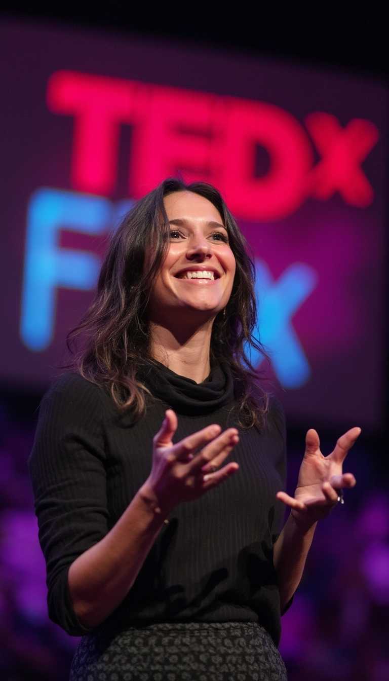 photo of a look alike of Ana de Armas giving a TED talk, behind her a big neon sign with the text "TEDx Flux", spotlight style lighting, soft shadows, sharp focus, shallow depth of field.