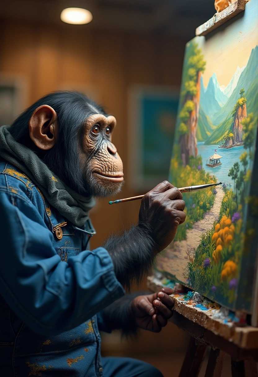 A close-up photograph capturing a chimpanzee painter clad in blue overalls and a cozy turtleneck, intently finalizing a vibrant landscape painting inside an art studio. The studio is filled with an array of colorful paints and brushes, creating an artistic atmosphere. The chimpanzee is positioned in the center, its expressive face showcasing a deep concentration and dedication to the craft. The balanced studio lighting illuminates the intricate brushstrokes on the canvas, emphasizing the vivid colors and lifelike details. The image draws inspiration from realism, showcasing meticulous attention to detail, reflecting the essence of craftsmanship and passion for art. The composition is framed to highlight the texture of the paint and the careful movements of the chimp’s hands, inviting viewers to appreciate the harmony between nature and artistry.