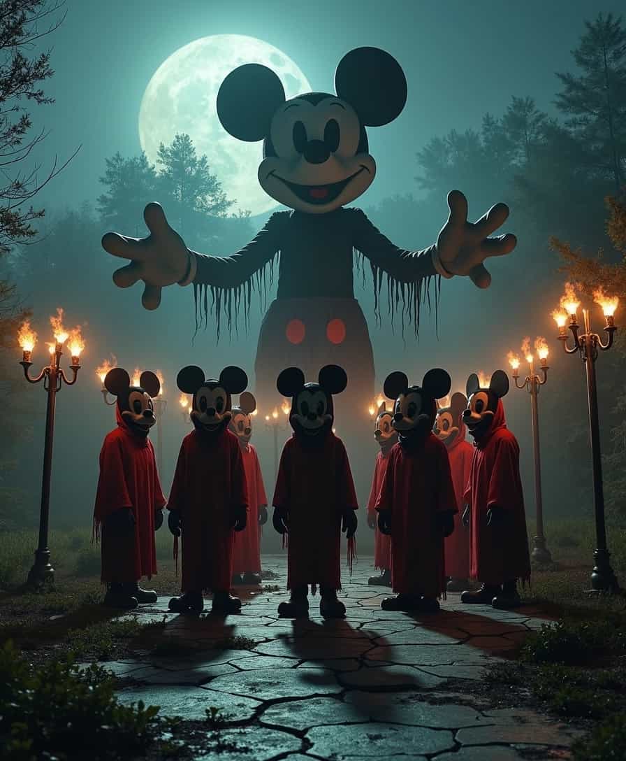 A surreal, eerie scene set in an abandoned theme park under the moonlight, showcasing a group of cult members gathered in a ritualistic circle. Each member is donning a grotesque, oversized Mickey Mouse mask, their costumes a mix of tattered Disney-themed clothing that reflects a dark twist on childhood nostalgia. The lighting is dim and atmospheric, with flickering torches casting long shadows across the cracked pavement and overgrown grass. A giant, weathered Mickey Mouse statue looms in the background, partially enveloped in creeping vines and mist, adding to the unsettling ambiance. The composition focuses on a low angle, capturing both the sinister expressions behind the masks and the haunting beauty of the dilapidated park. The overall mood is one of dark fantasy, blending whimsy with dread in a style reminiscent of gothic storytelling. Add sharp contrasts in colors—vibrant reds and dark blacks—to enhance the cult members’ eerie presence against the faded colors of the forgotten rides, evoking a sense of foreboding and nostalgia.