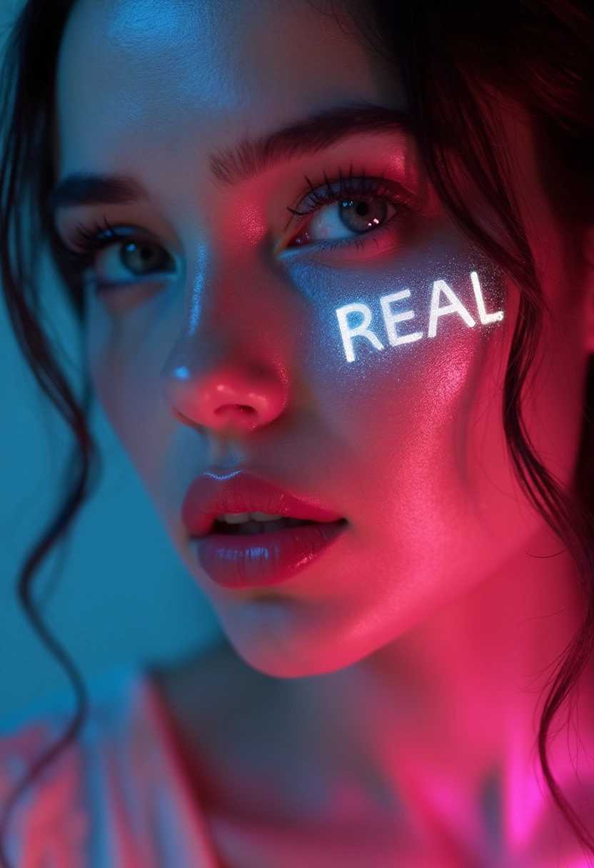 A close-up portrait of an enchanting woman with striking features, showcasing her captivating eyes and graceful cheekbones. The soft focus highlights her radiant skin, illuminated with a holographic light that casts a mesmerizing glow reading "REAL" on her left cheek. The portrait is enriched by warm and cool contrasts, with vibrant hues of pink and blue shimmering across her face. The background is softly blurred, enhancing the ethereal quality of the image. The lighting is dramatic yet gentle, creating an intimate atmosphere. The composition captures her from slightly below eye level, emphasizing her beauty and allure, while the holographic text adds a futuristic touch, blending artistry with technology, evoking a sense of mystery and depth.