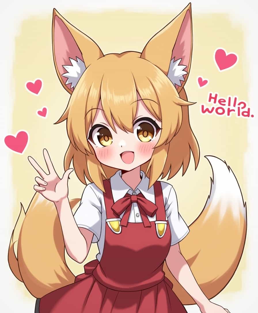 Female furry Pixie with text 'hello world', anime