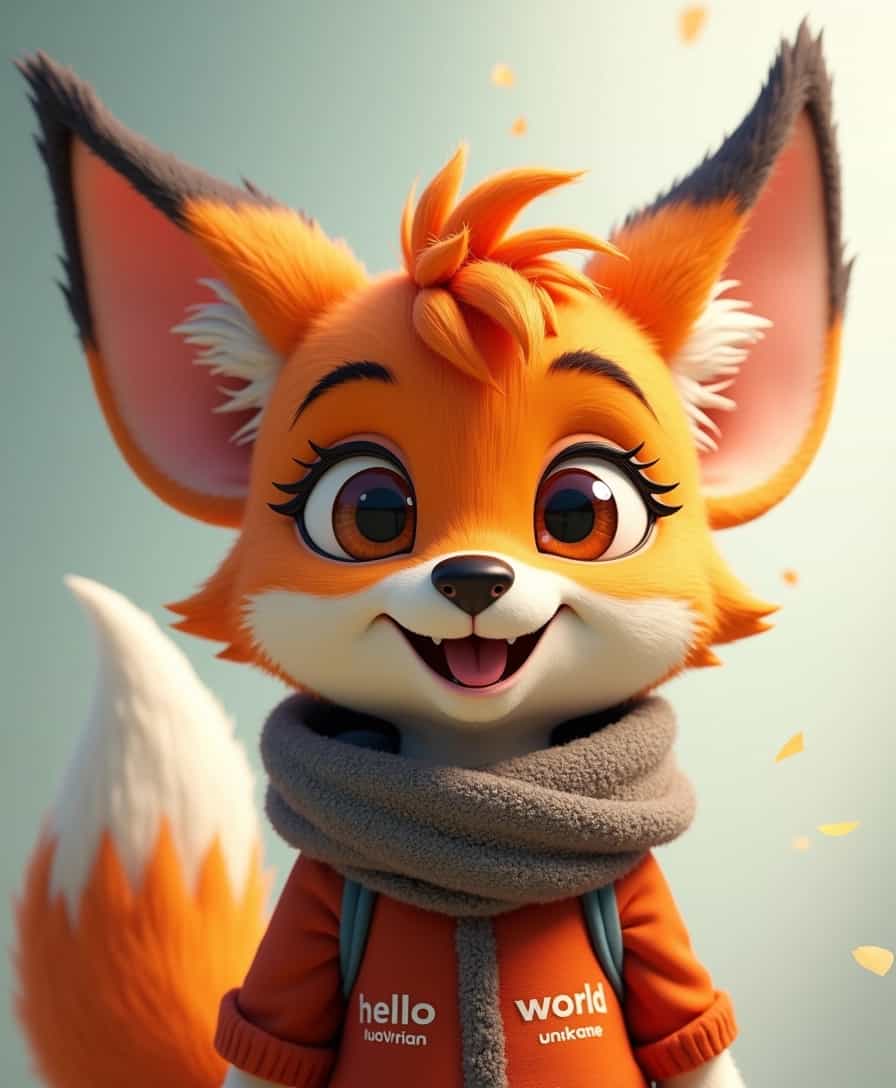 Female furry Pixie with text 'hello world'