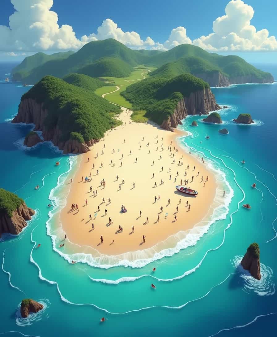 An aerial view of beach with people on it, disney style