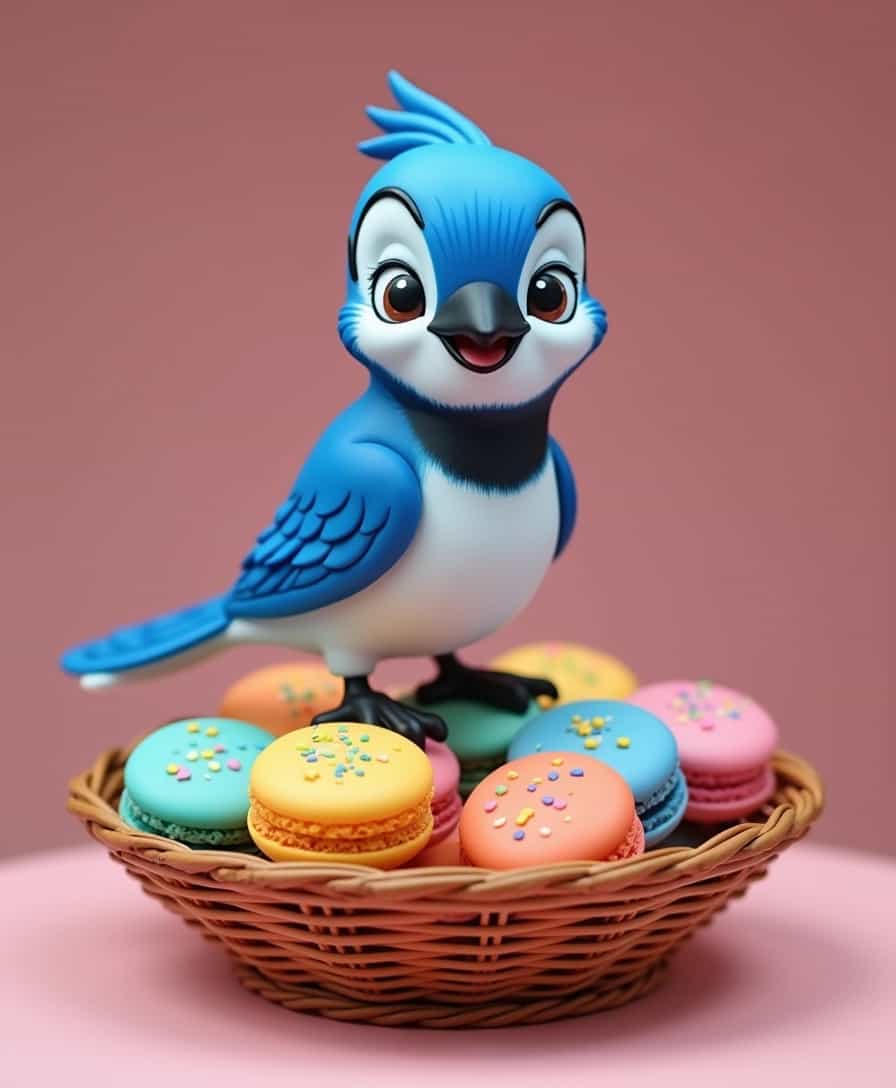 A blue jay standing on a large basket of rainbow macarons, disney style