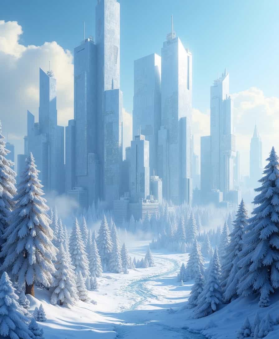 A fantasy cityscape with multiple buildings and skyscrapers all of which are covered in snow and ice, scenery style