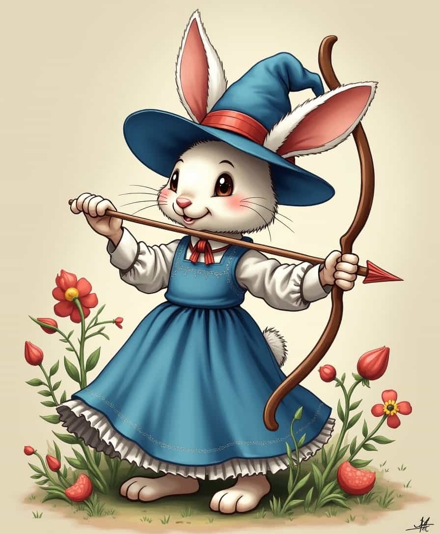 white rabbit in blue dress and hat holding bow and arrow, art